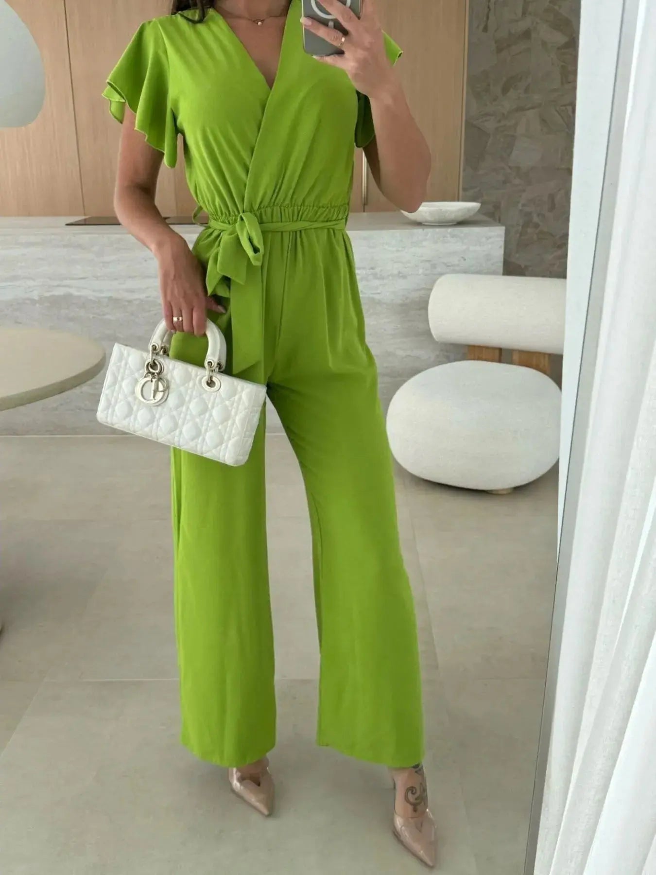 Surplice Wide Leg Belted Jumpsuit Trendsi