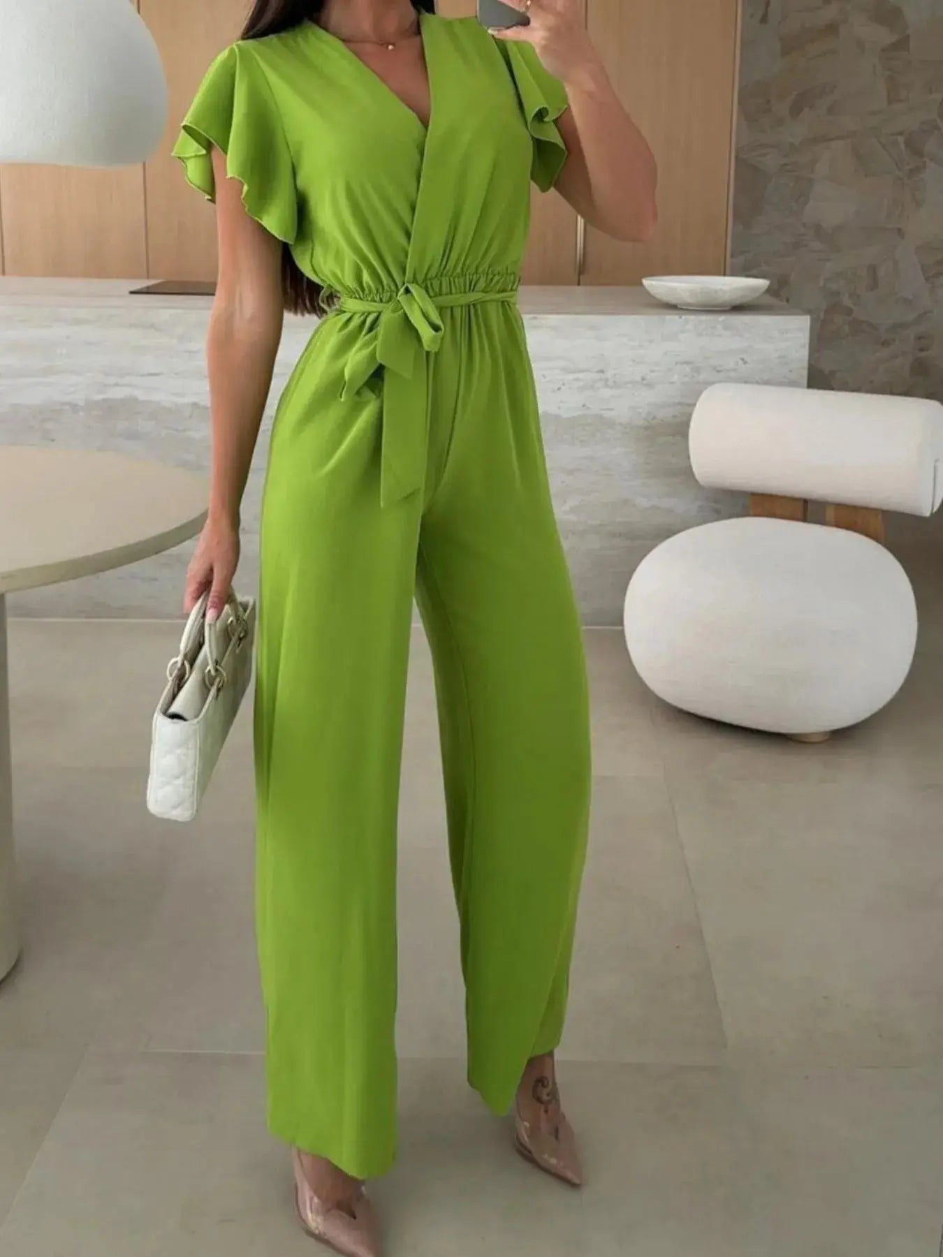 Surplice Wide Leg Belted Jumpsuit Trendsi