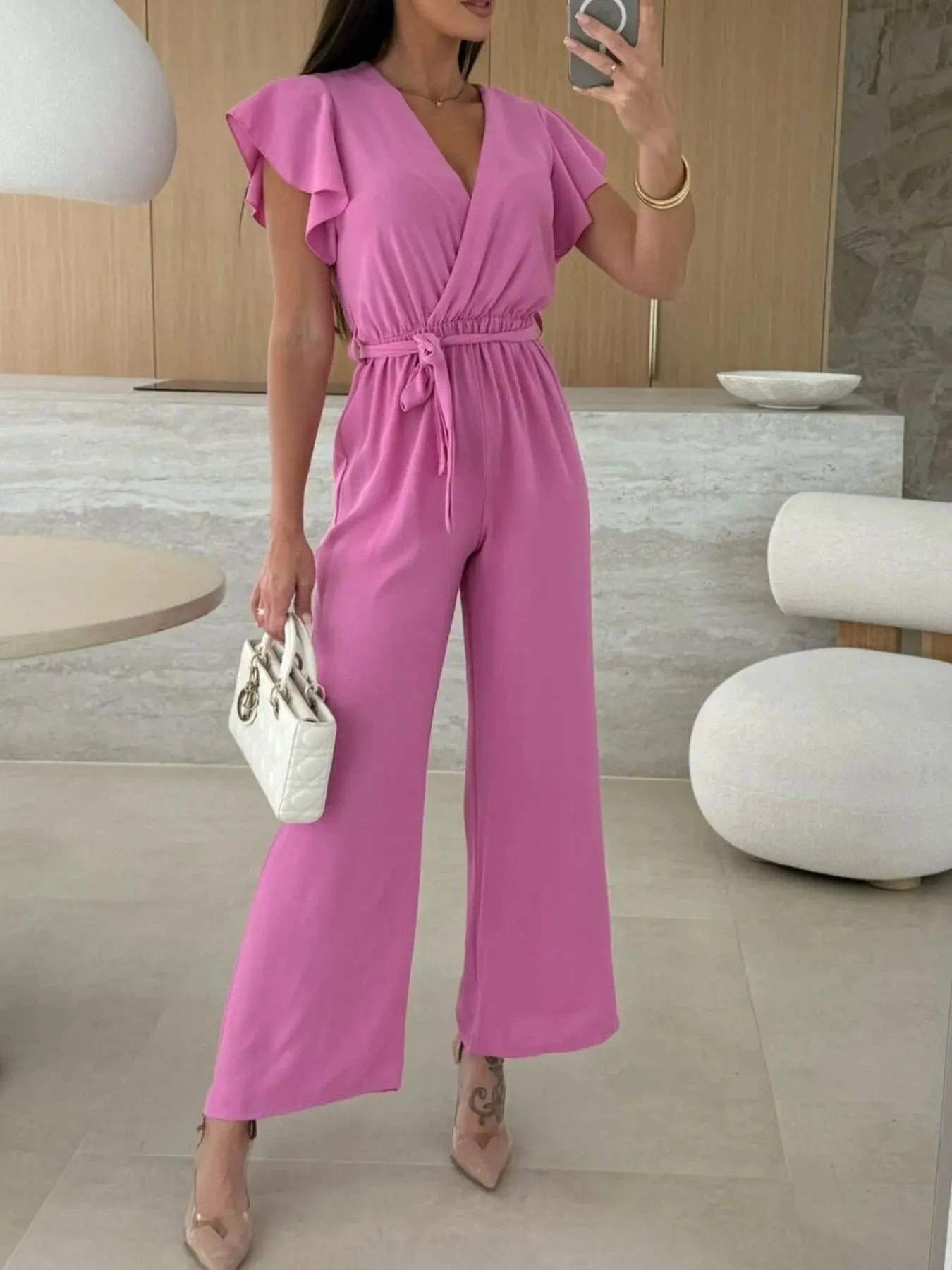 Surplice Wide Leg Belted Jumpsuit Trendsi
