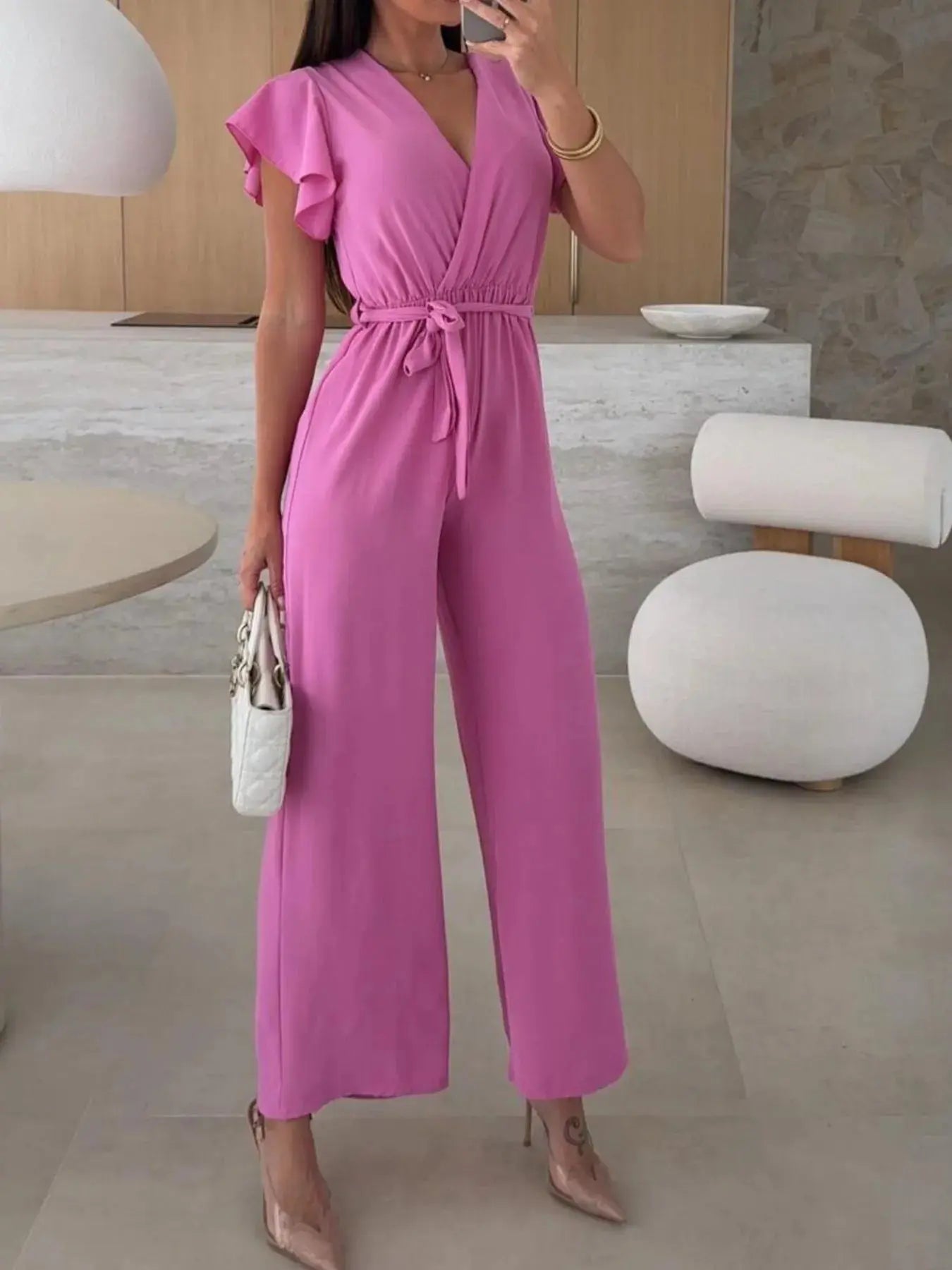 Surplice Wide Leg Belted Jumpsuit Trendsi