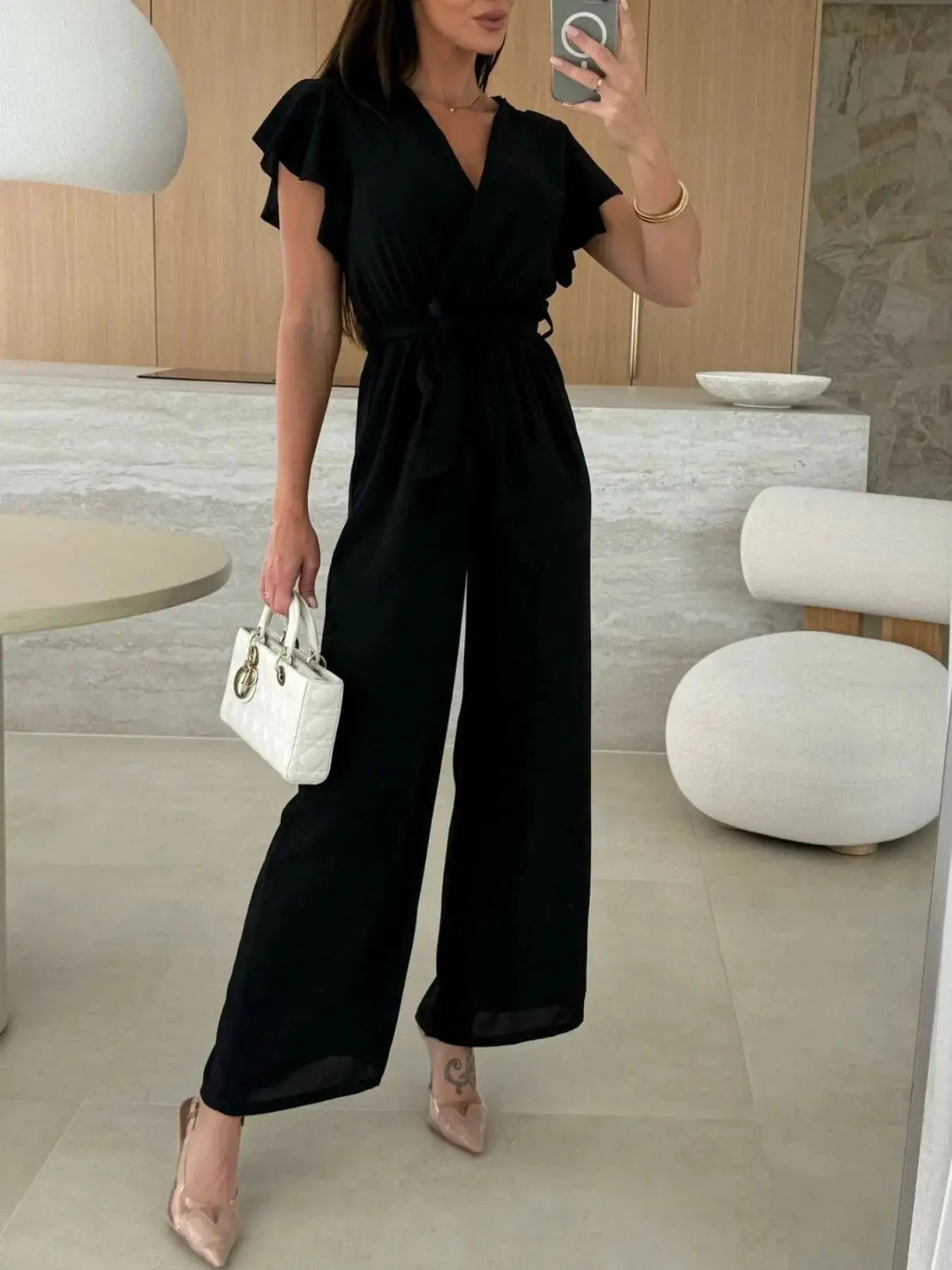 Surplice Wide Leg Belted Jumpsuit Trendsi