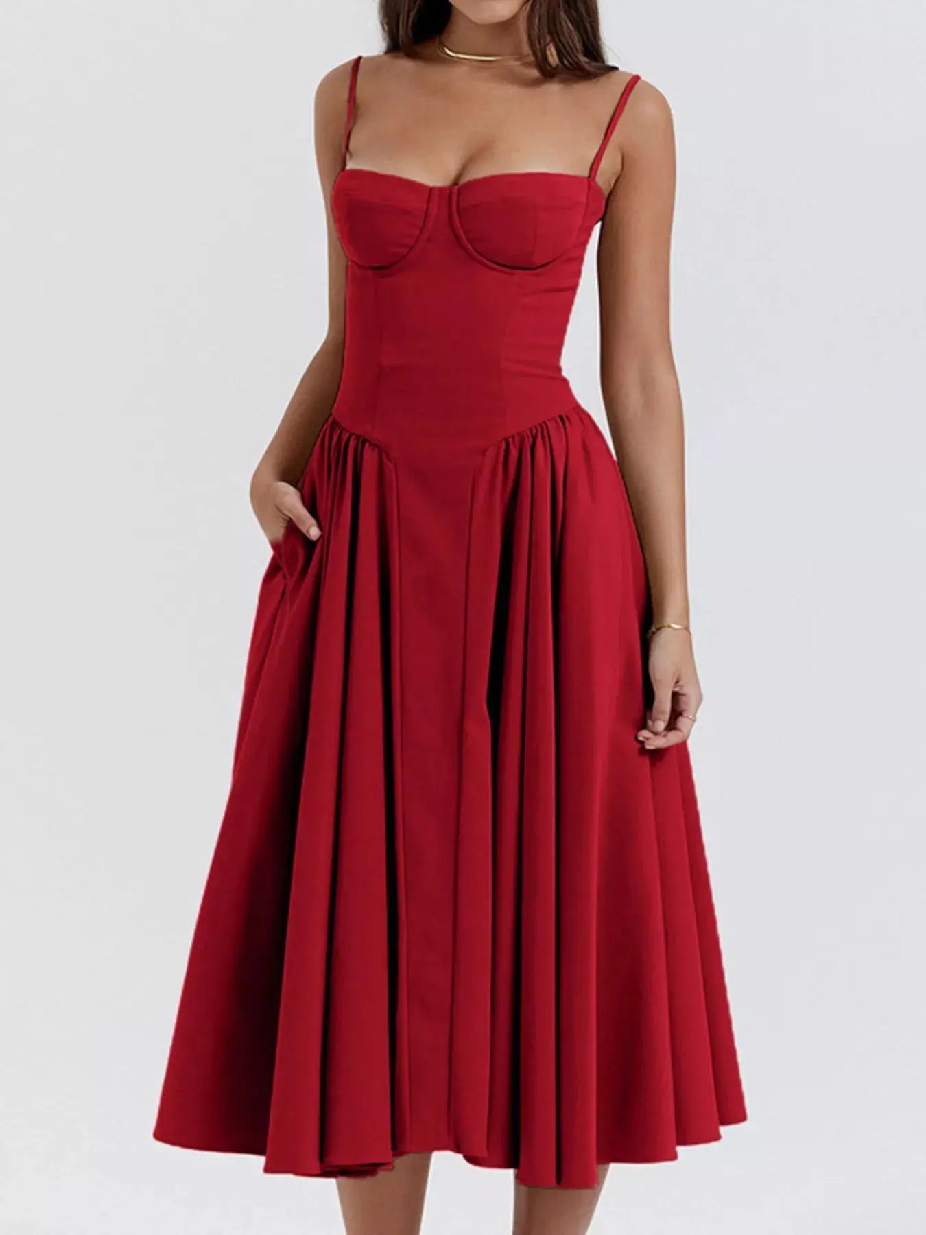 Sweetheart Neck Spaghetti Strap Midi Dress Polyester Blend Unlined Non Stretch Trendsi