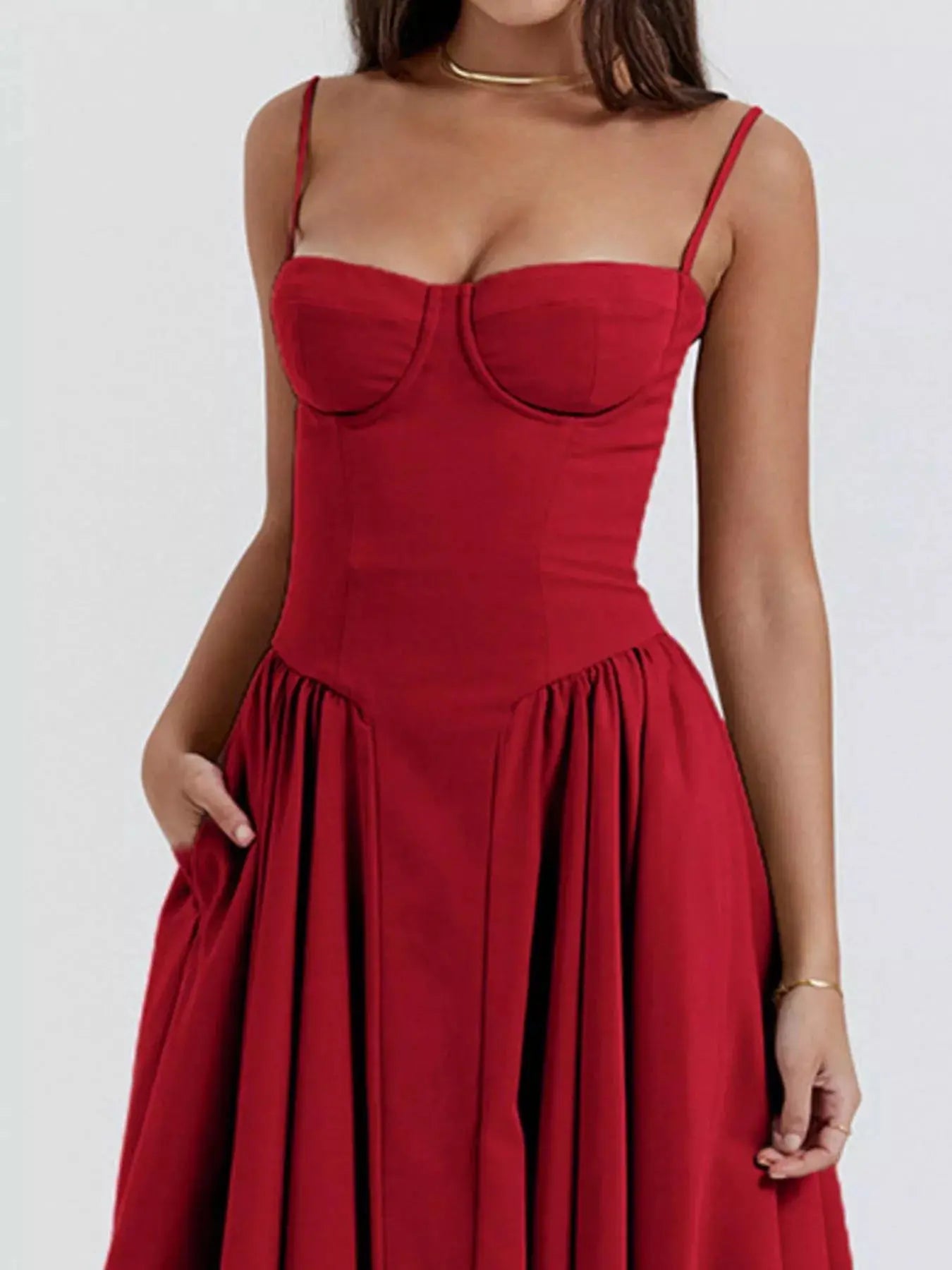 Sweetheart Neck Spaghetti Strap Midi Dress Polyester Blend Unlined Non Stretch Trendsi