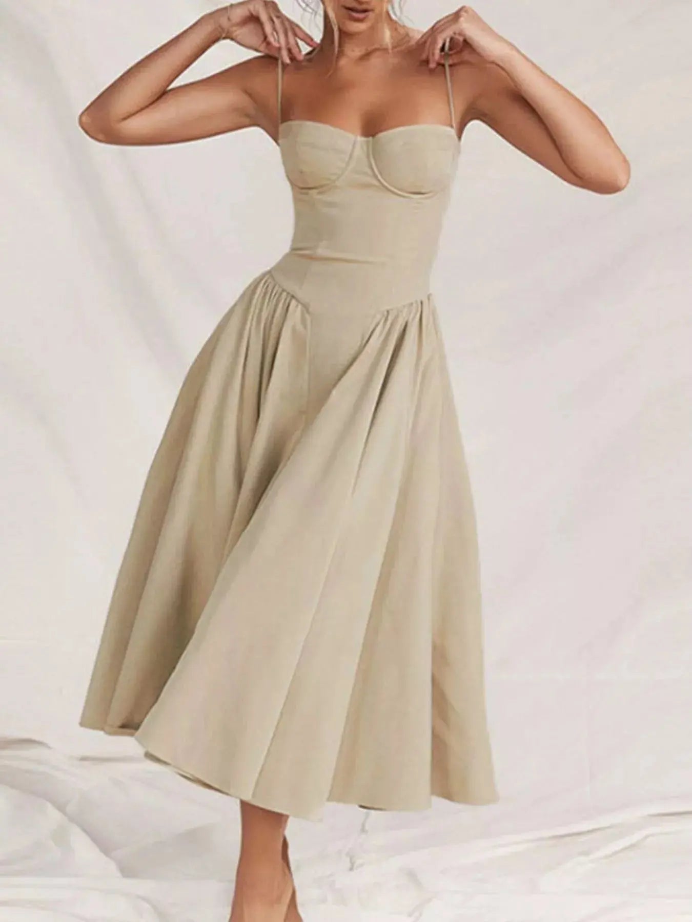 Sweetheart Neck Spaghetti Strap Midi Dress Polyester Blend Unlined Non Stretch Trendsi