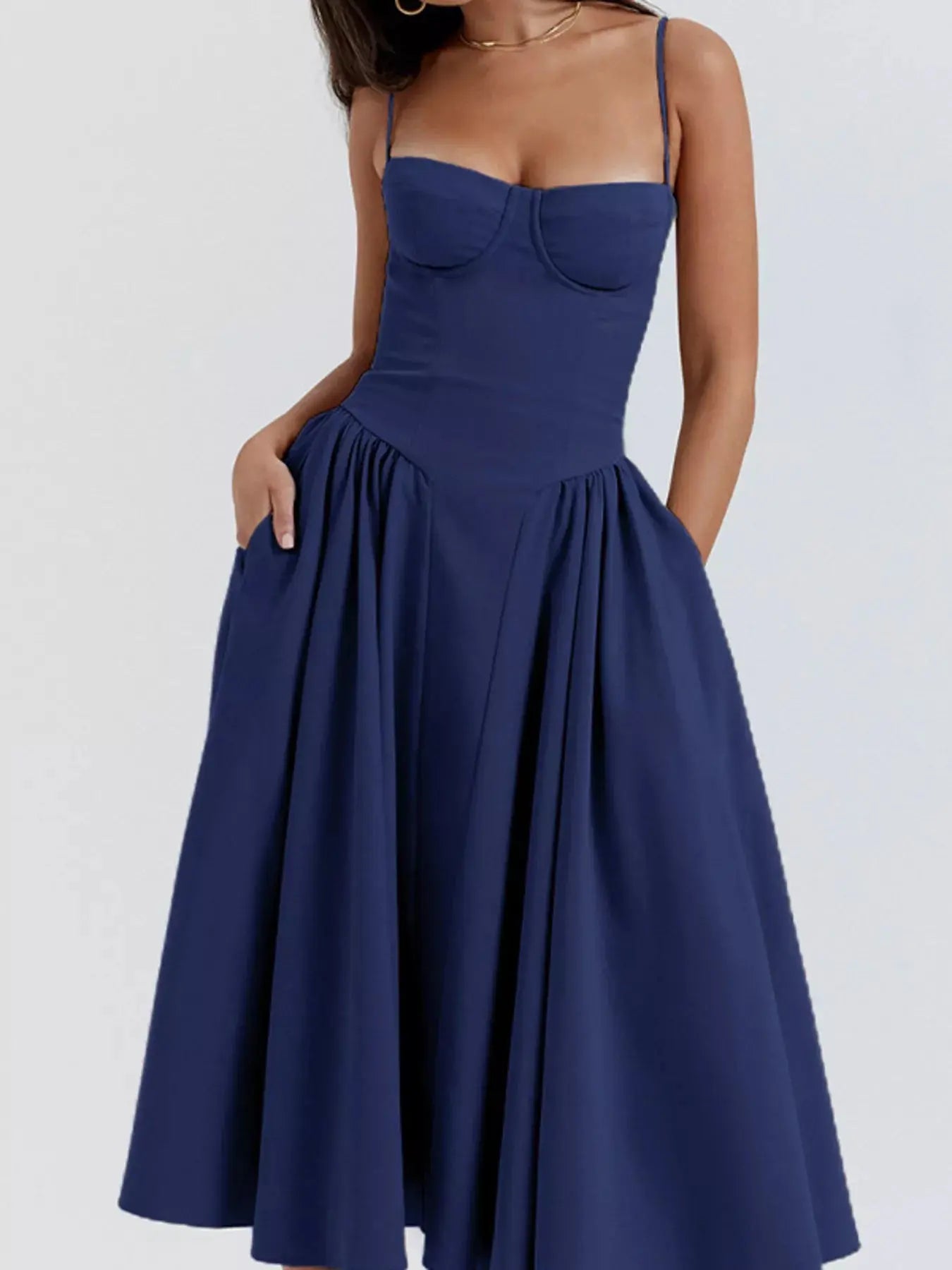 Sweetheart Neck Spaghetti Strap Midi Dress Polyester Blend Unlined Non Stretch Trendsi