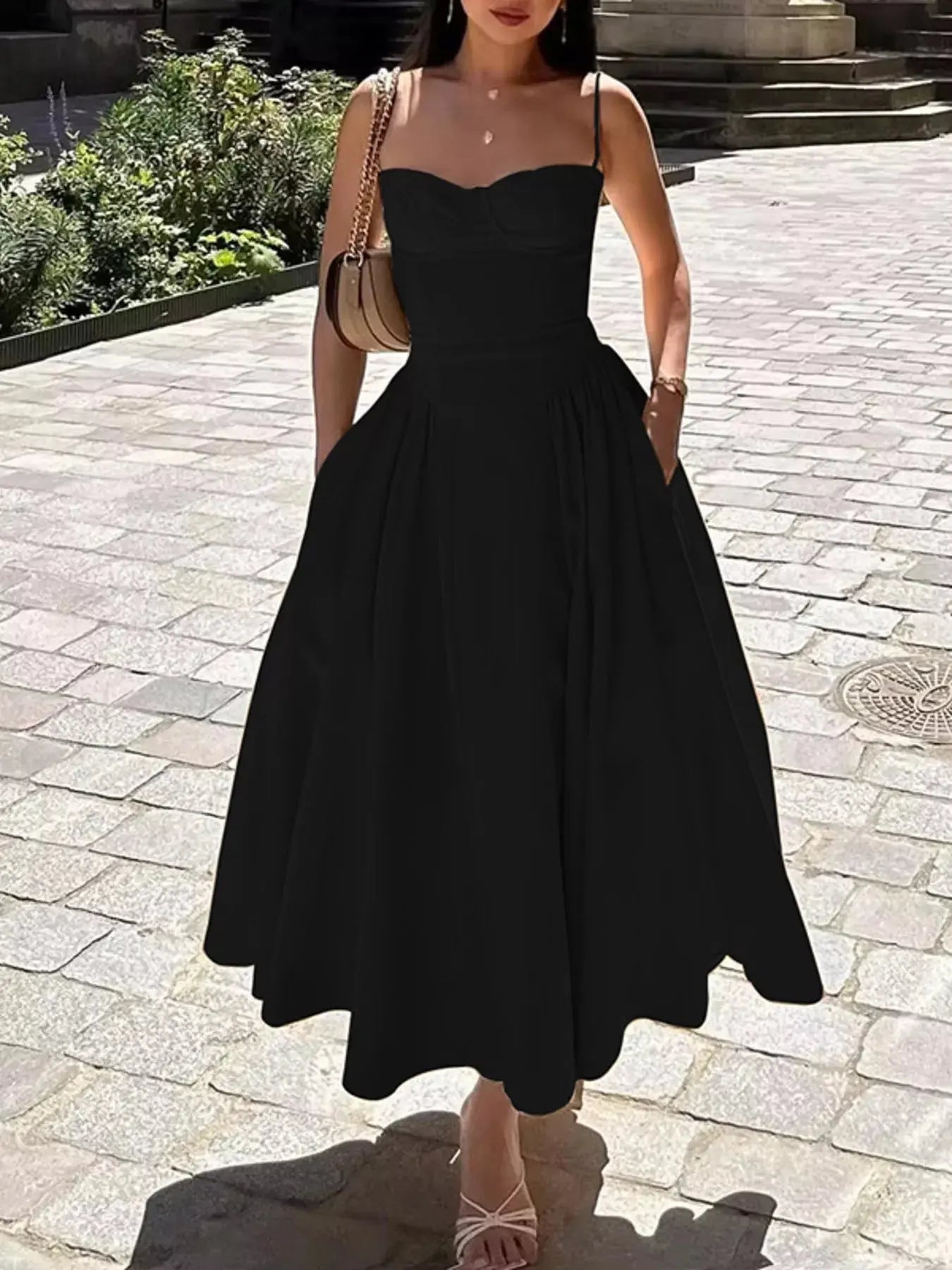 Sweetheart Neck Spaghetti Strap Midi Dress Polyester Blend Unlined Non Stretch Trendsi