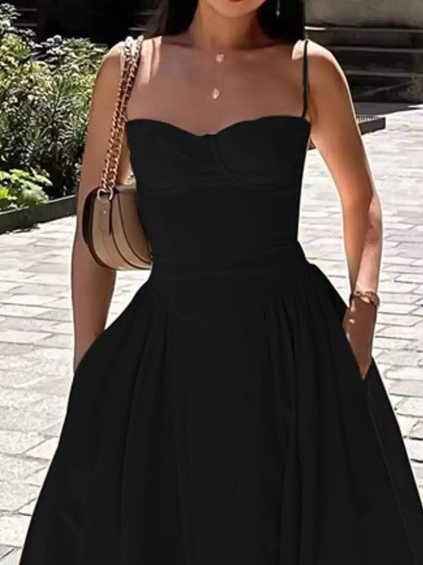 Sweetheart Neck Spaghetti Strap Midi Dress Polyester Blend Unlined Non Stretch Trendsi