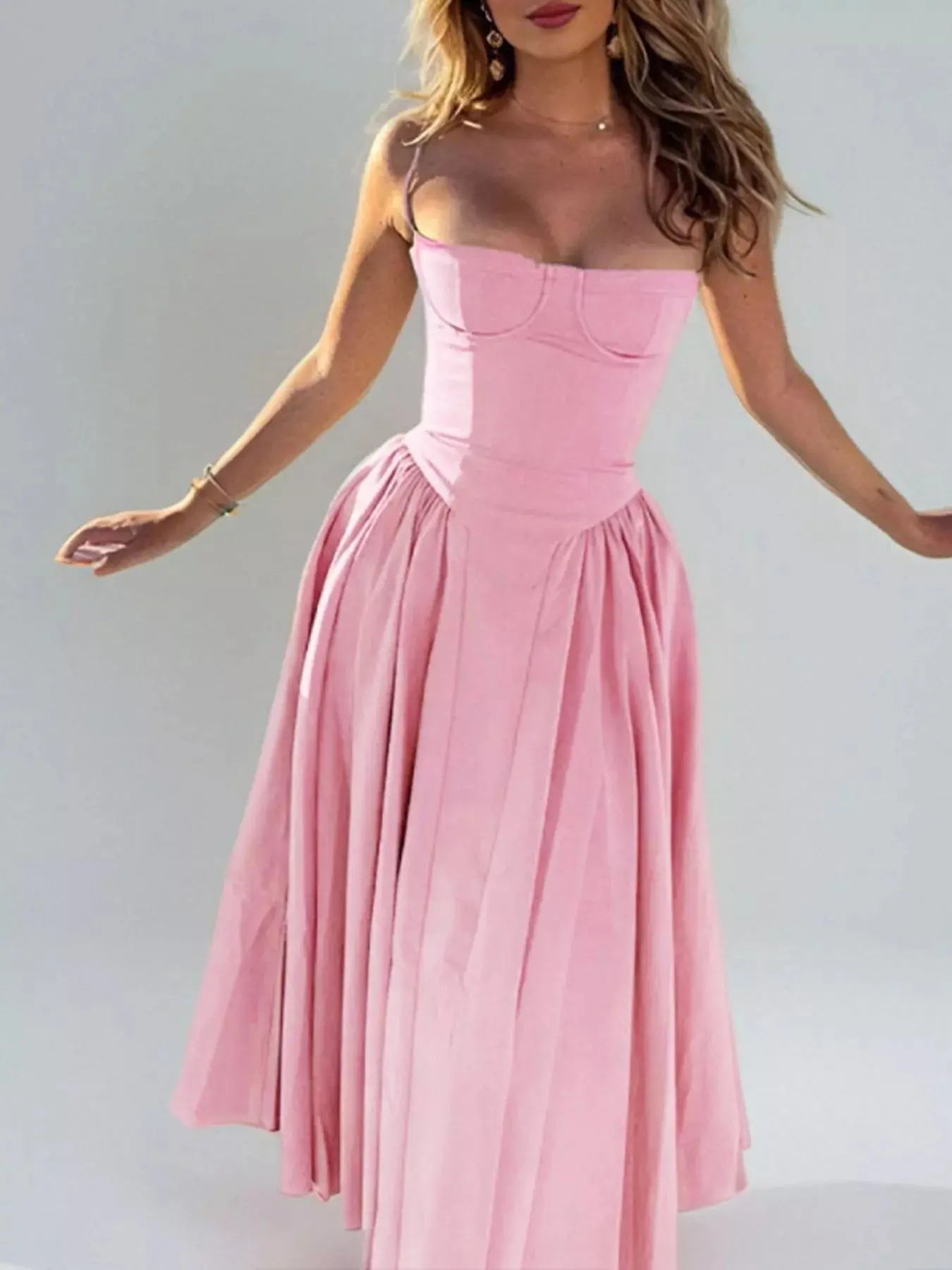 Sweetheart Neck Spaghetti Strap Midi Dress Polyester Blend Unlined Non Stretch Trendsi