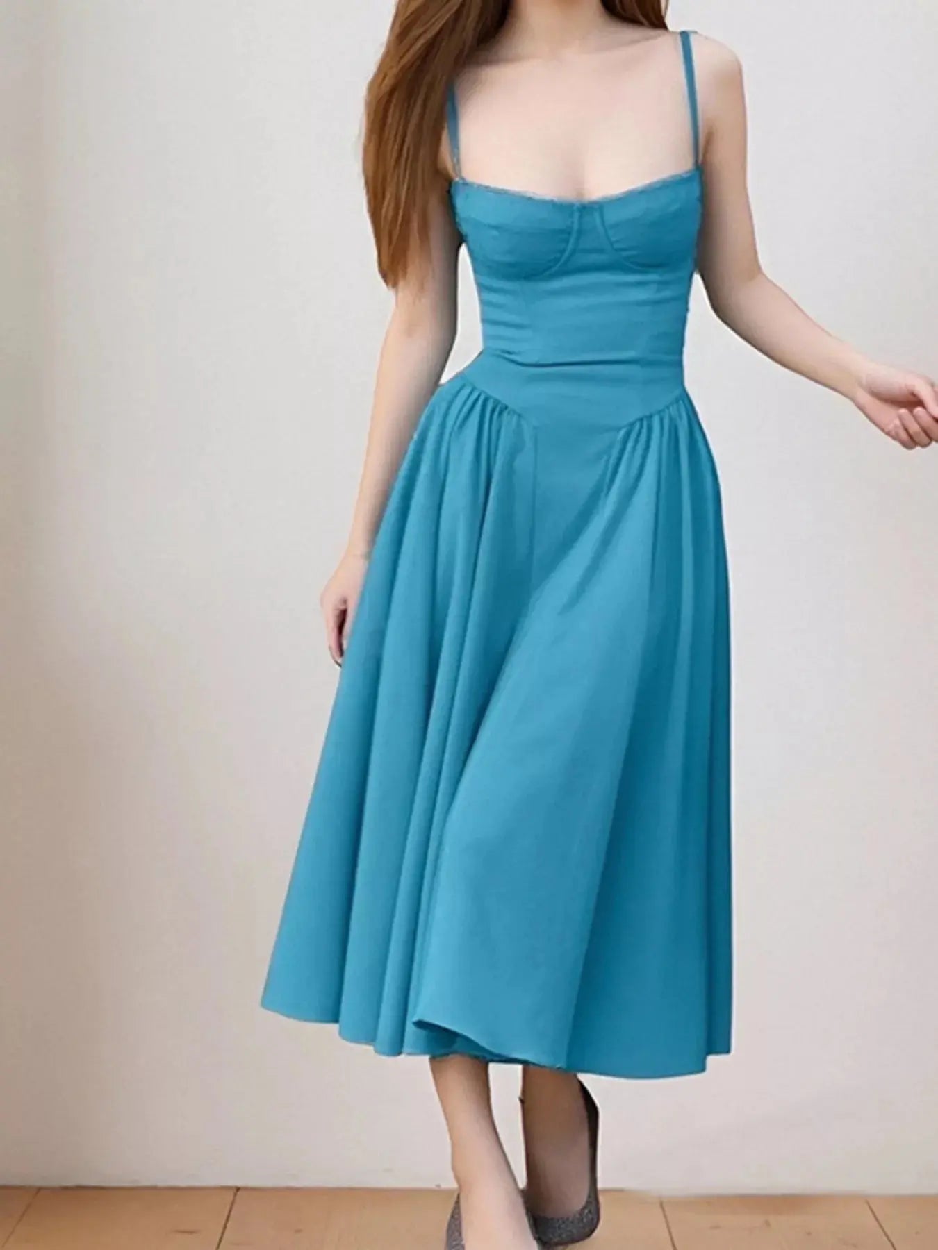 Sweetheart Neck Spaghetti Strap Midi Dress Polyester Blend Unlined Non Stretch Trendsi
