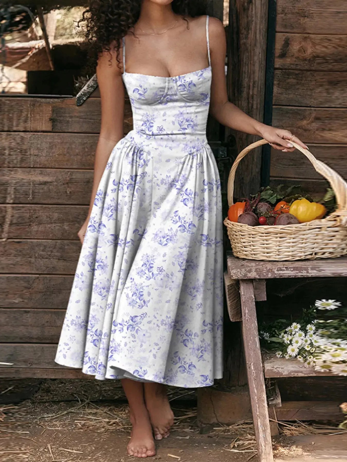 Sweetheart Neck Spaghetti Strap Midi Dress Polyester Blend Unlined Non Stretch Trendsi