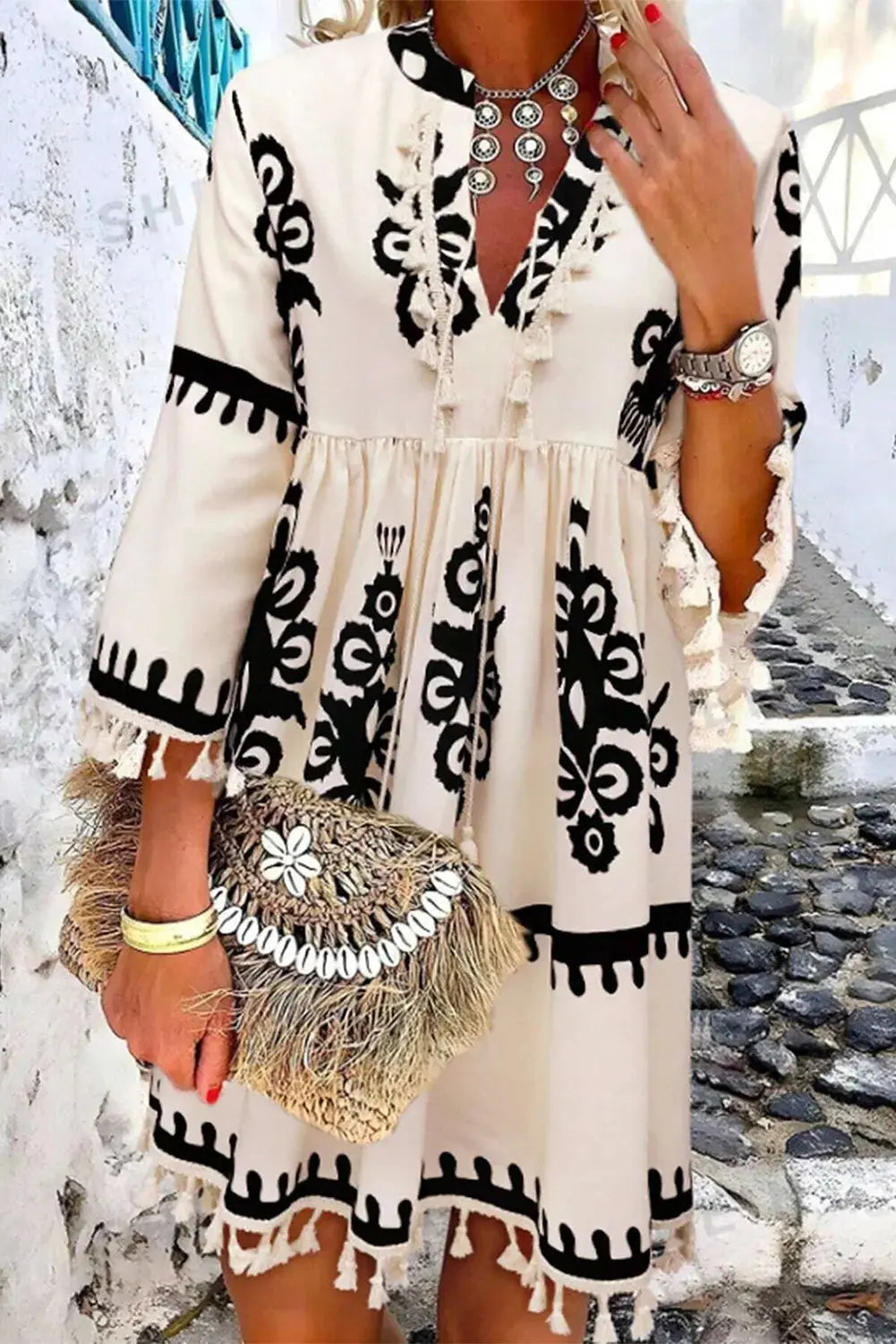 Tassel Printed Three-Quarter Sleeve Mini Dress Trendsi
