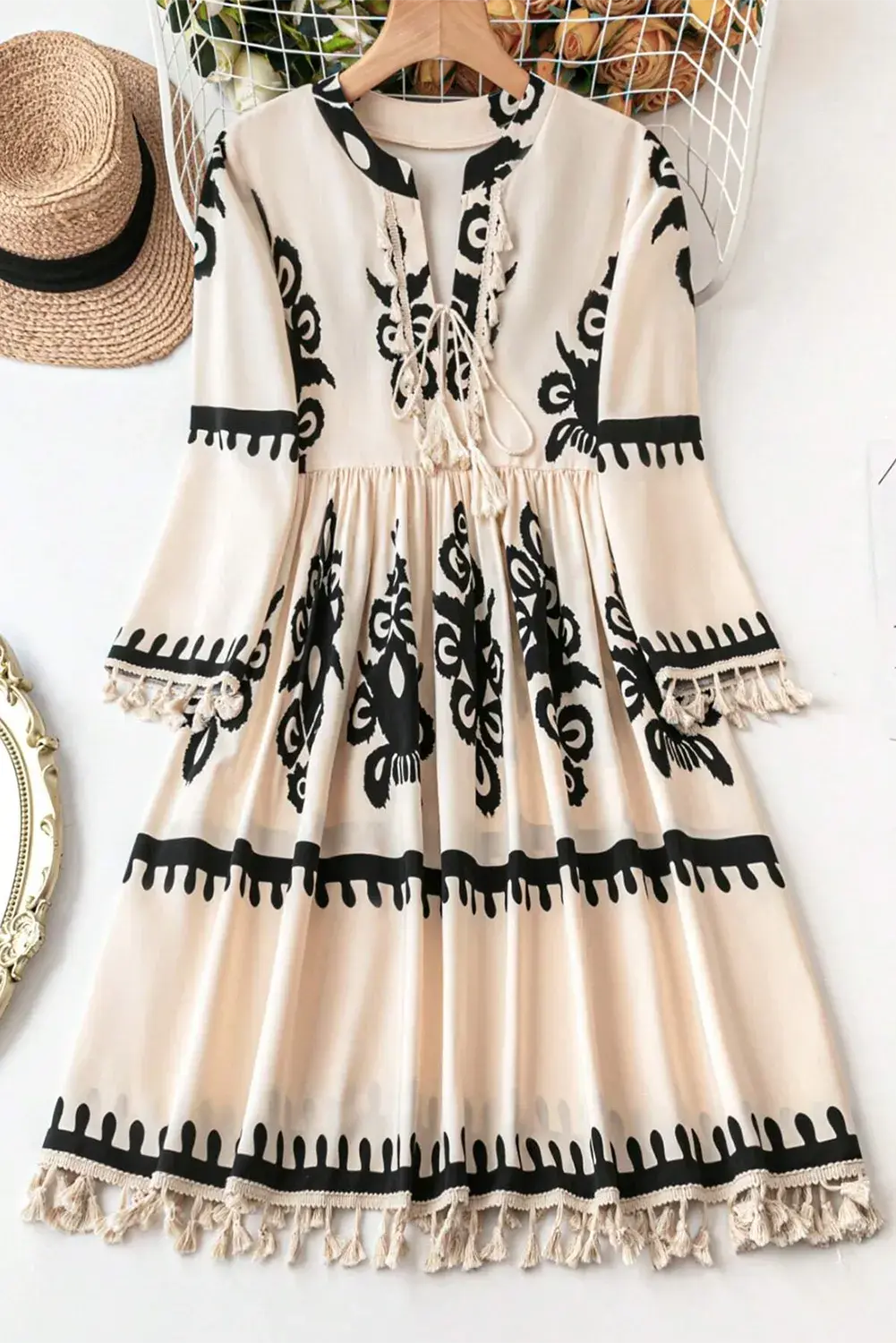 Tassel Printed Three-Quarter Sleeve Mini Dress Trendsi