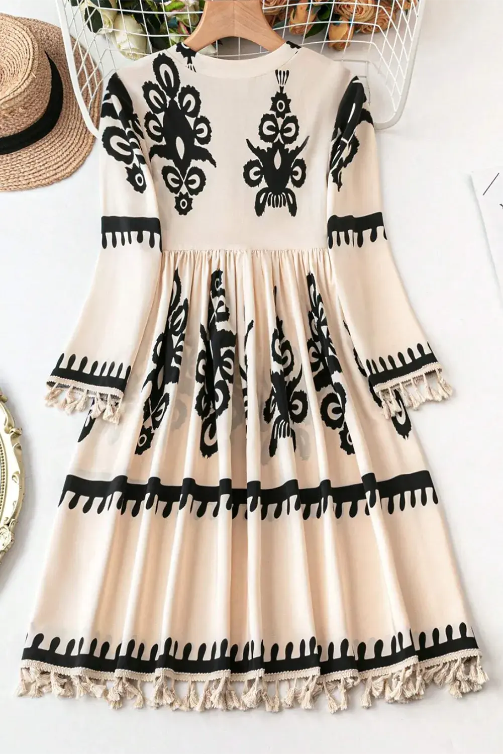 Tassel Printed Three-Quarter Sleeve Mini Dress Trendsi