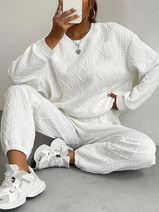Texture Round Neck Top and Pants Set Trendsi