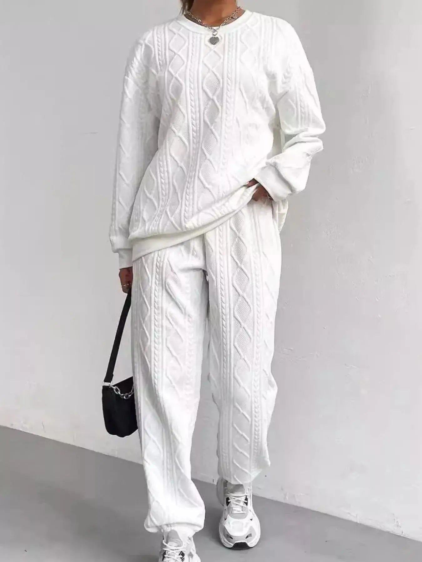Texture Round Neck Top and Pants Set Trendsi