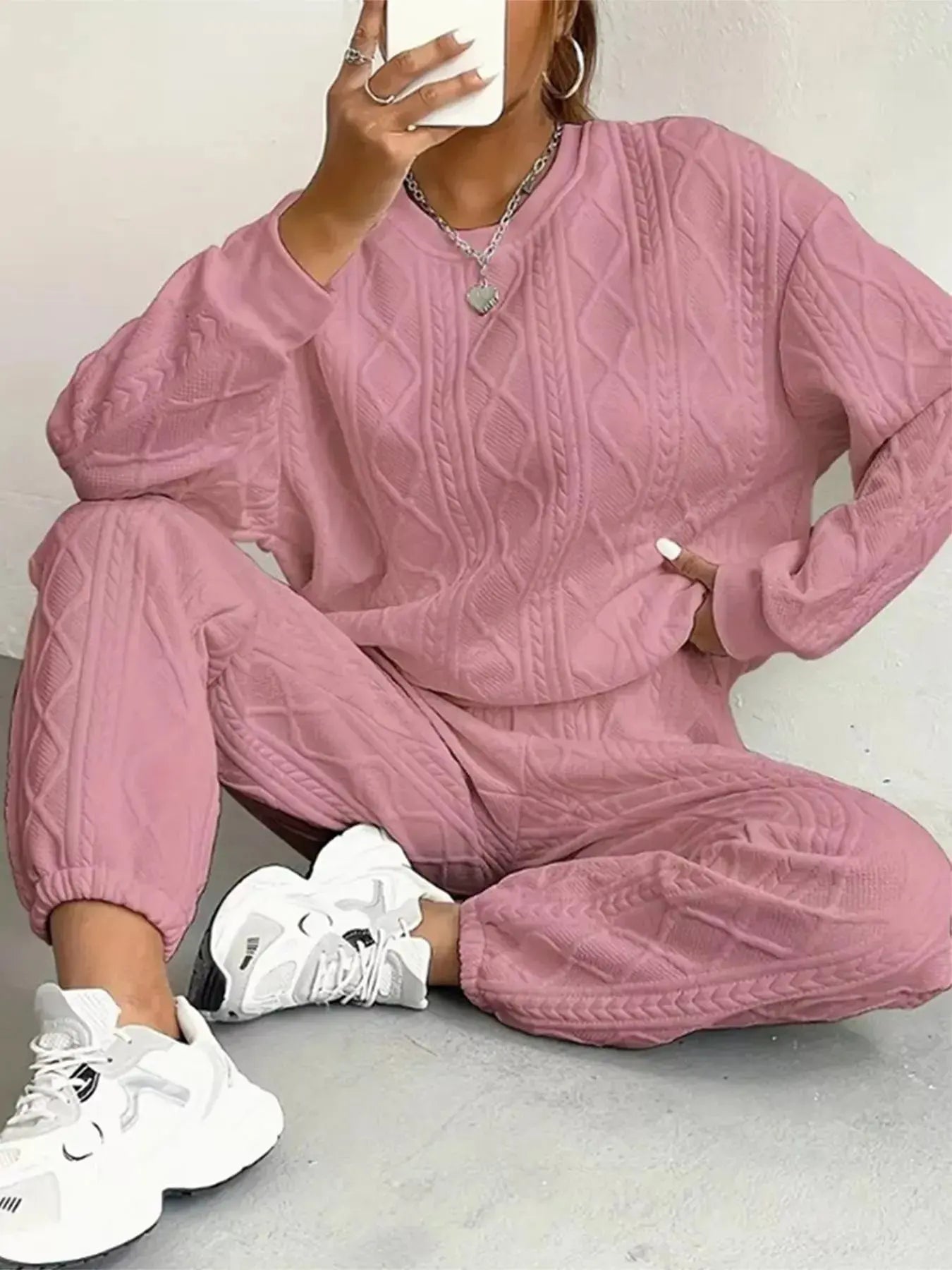 Texture Round Neck Top and Pants Set Trendsi