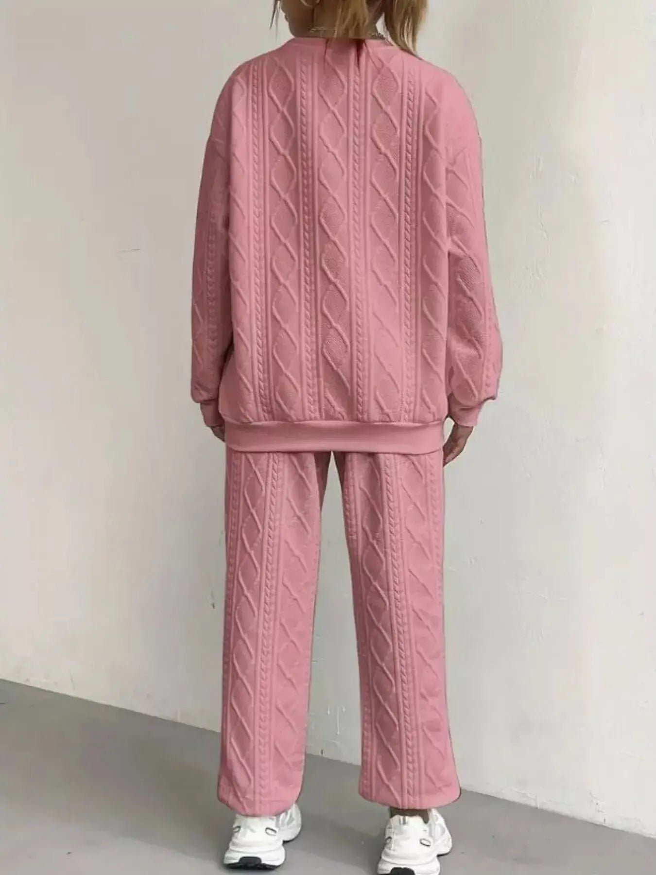 Texture Round Neck Top and Pants Set Trendsi