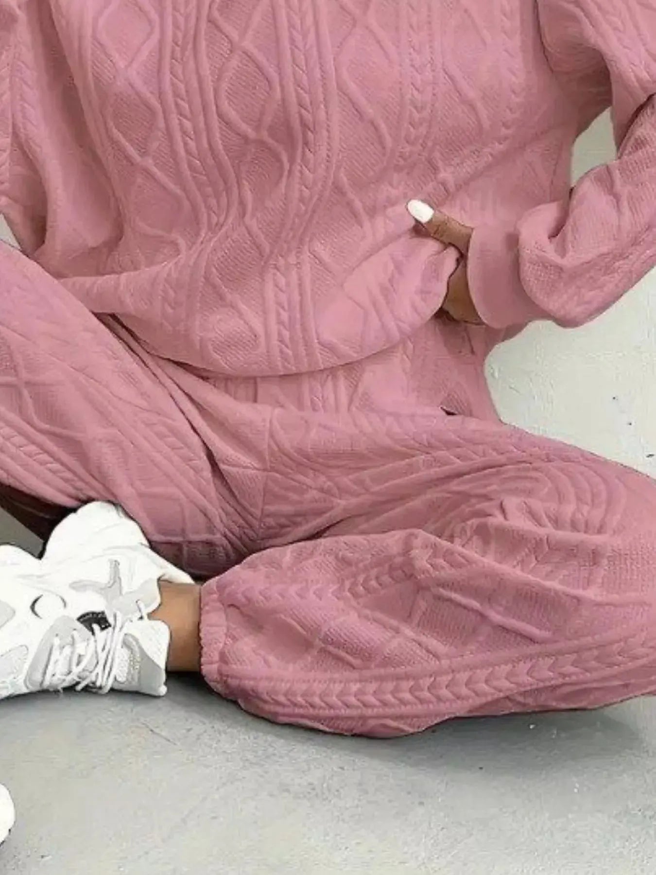Texture Round Neck Top and Pants Set Trendsi