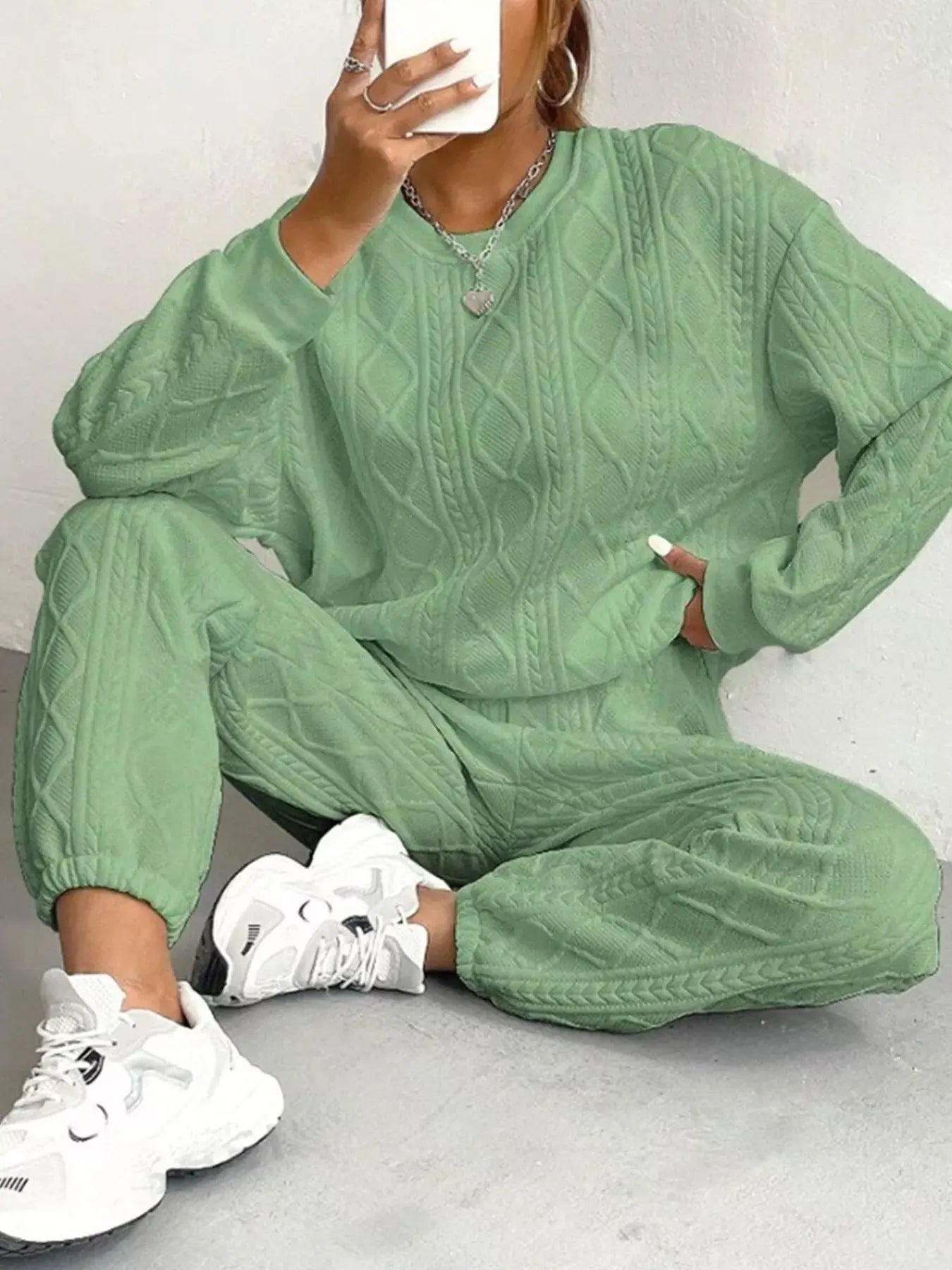 Texture Round Neck Top and Pants Set Trendsi