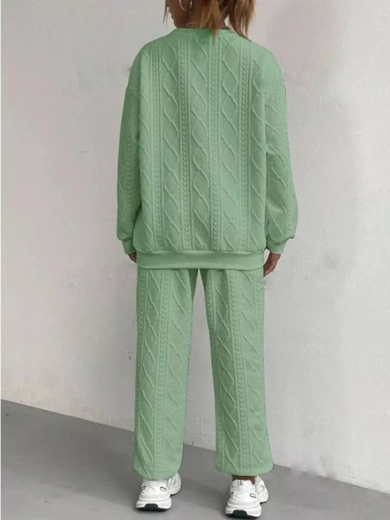 Texture Round Neck Top and Pants Set Trendsi