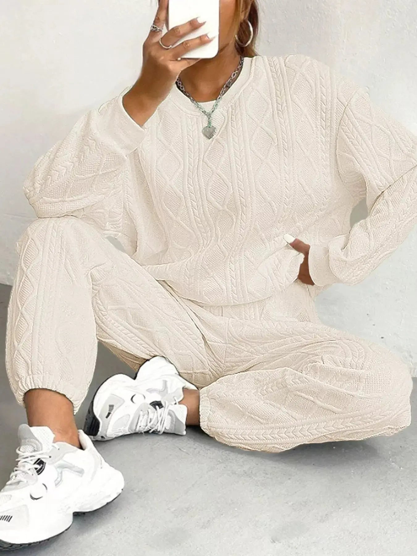 Texture Round Neck Top and Pants Set Trendsi