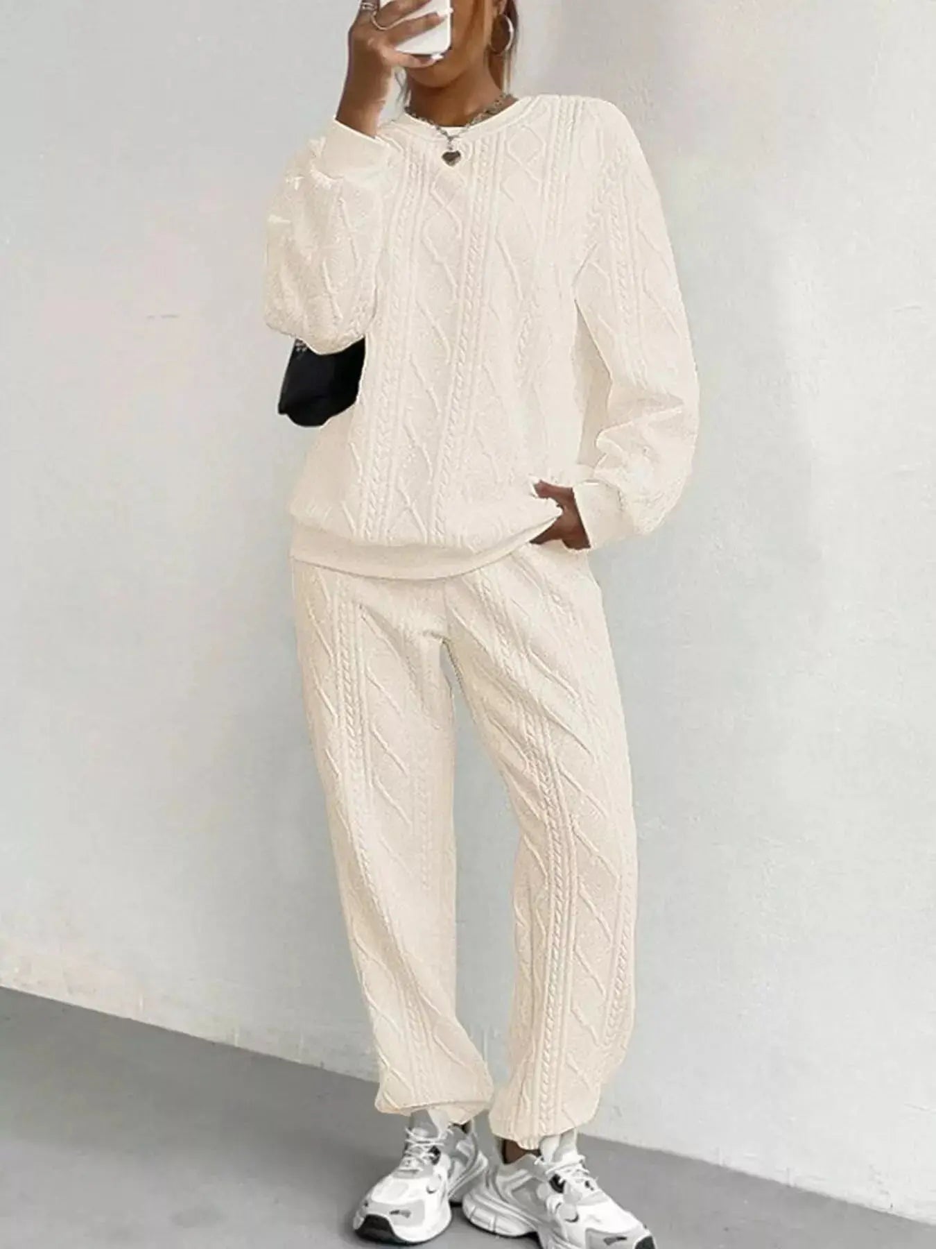 Texture Round Neck Top and Pants Set Trendsi