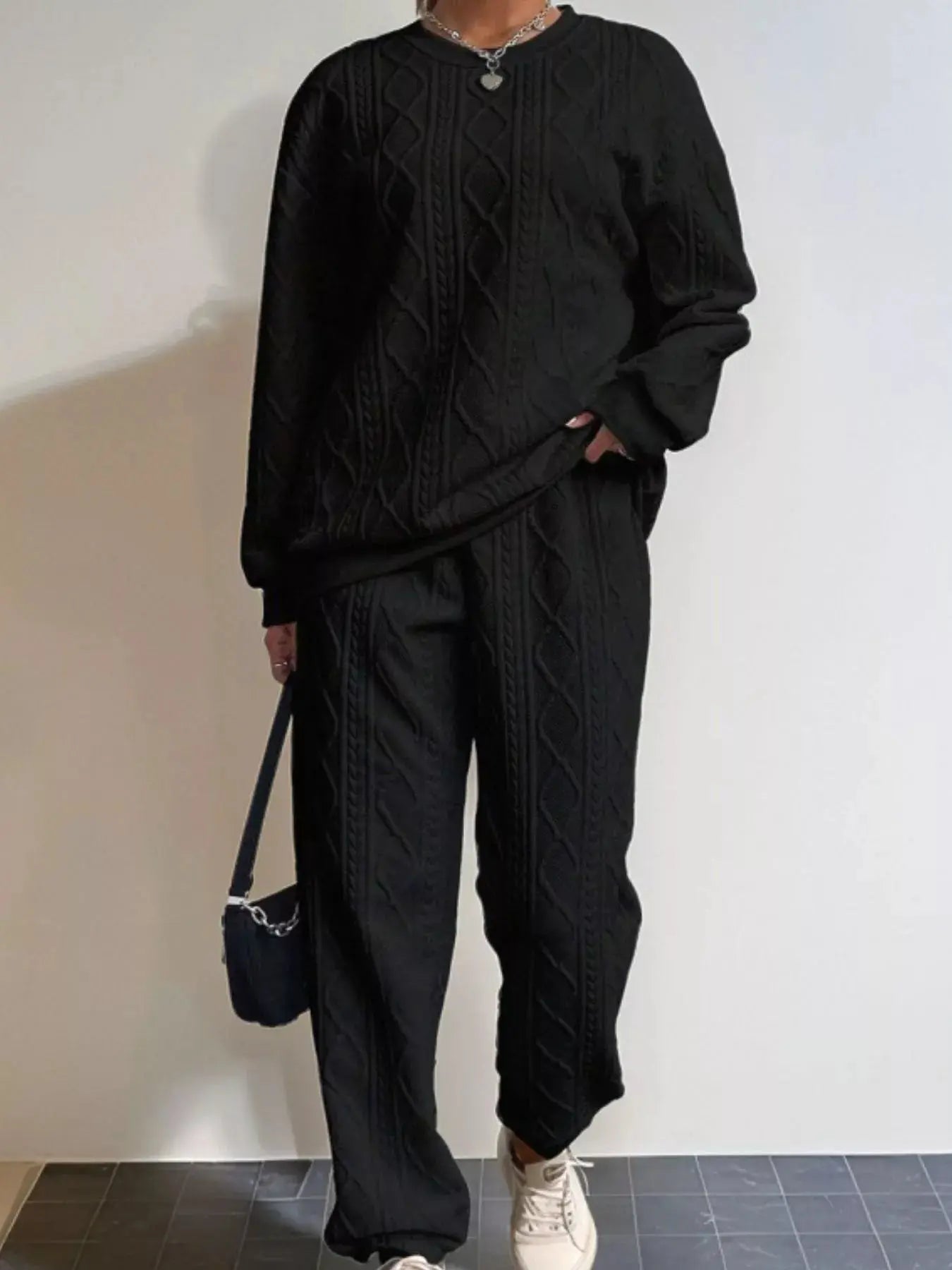 Texture Round Neck Top and Pants Set Trendsi