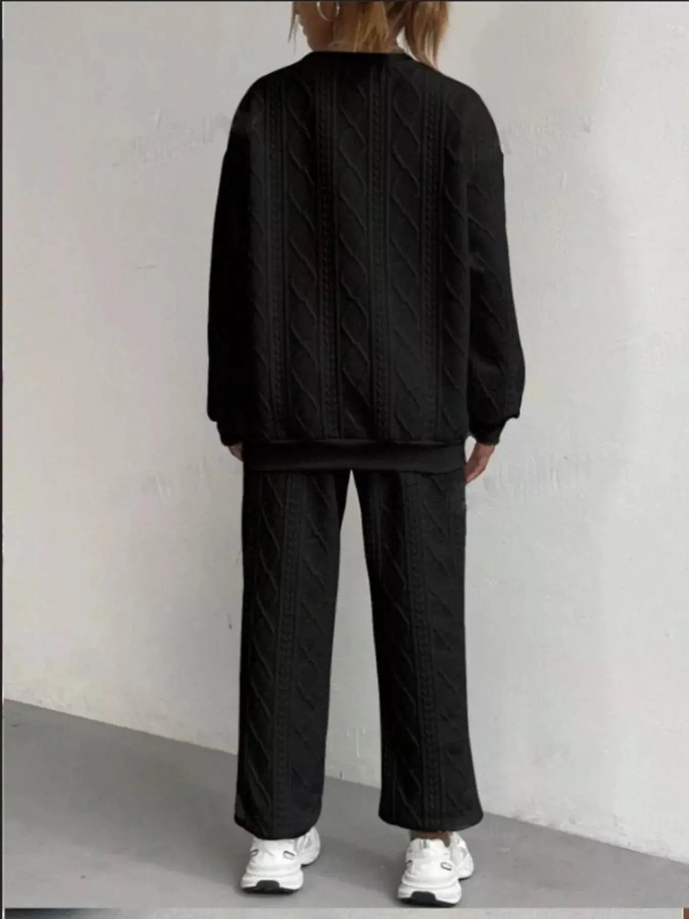 Texture Round Neck Top and Pants Set Trendsi