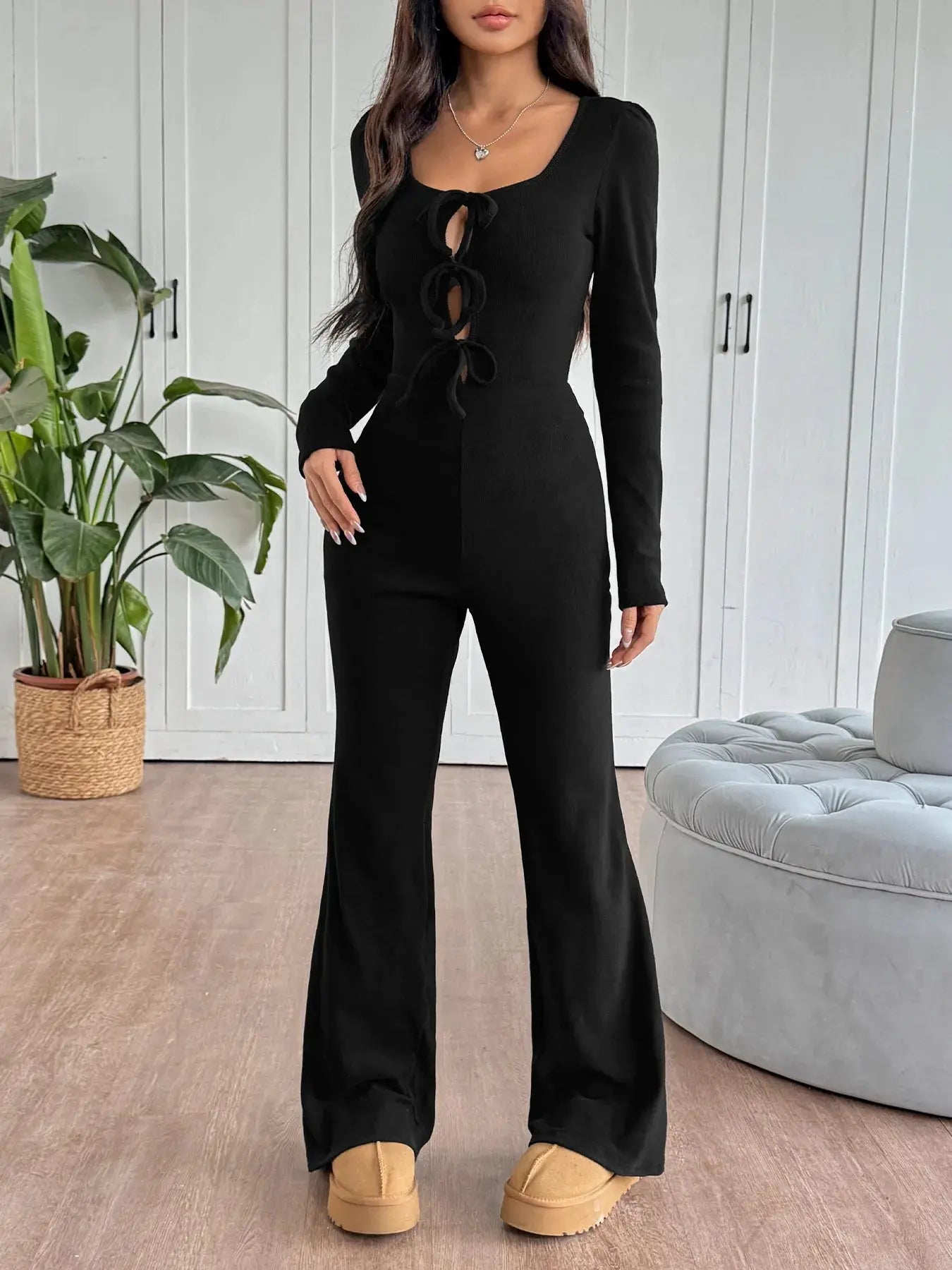 Tie Front Long Sleeve Flare Jumpsuit Trendsi