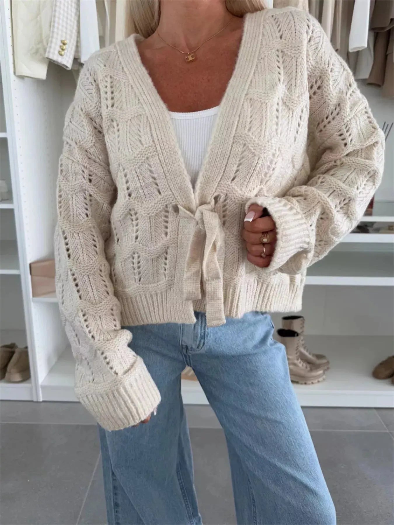 Tie Front Openwork Cardigan 100 Percent Polyester Lightweight Layering Top Trendsi