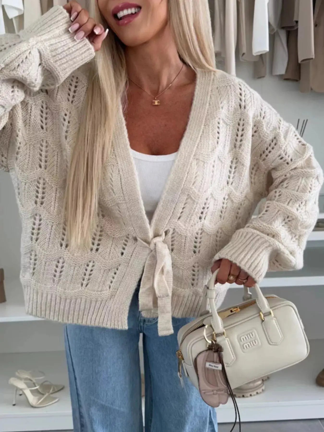 Tie Front Openwork Cardigan 100 Percent Polyester Lightweight Layering Top Trendsi