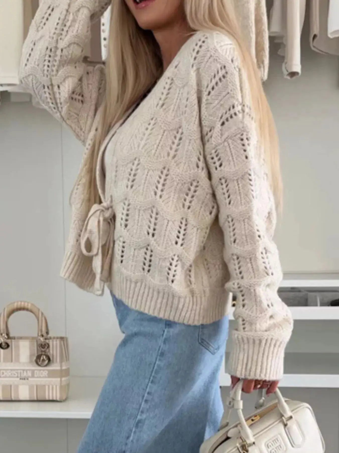 Tie Front Openwork Cardigan 100 Percent Polyester Lightweight Layering Top Trendsi