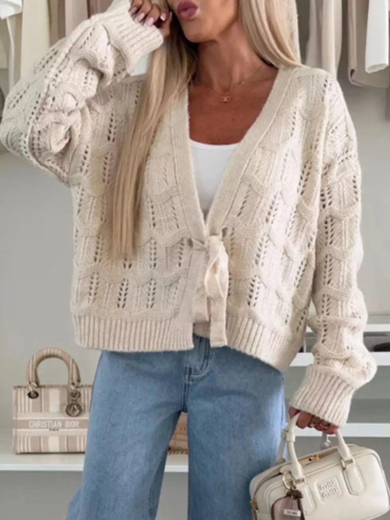 Tie Front Openwork Cardigan 100 Percent Polyester Lightweight Layering Top Trendsi