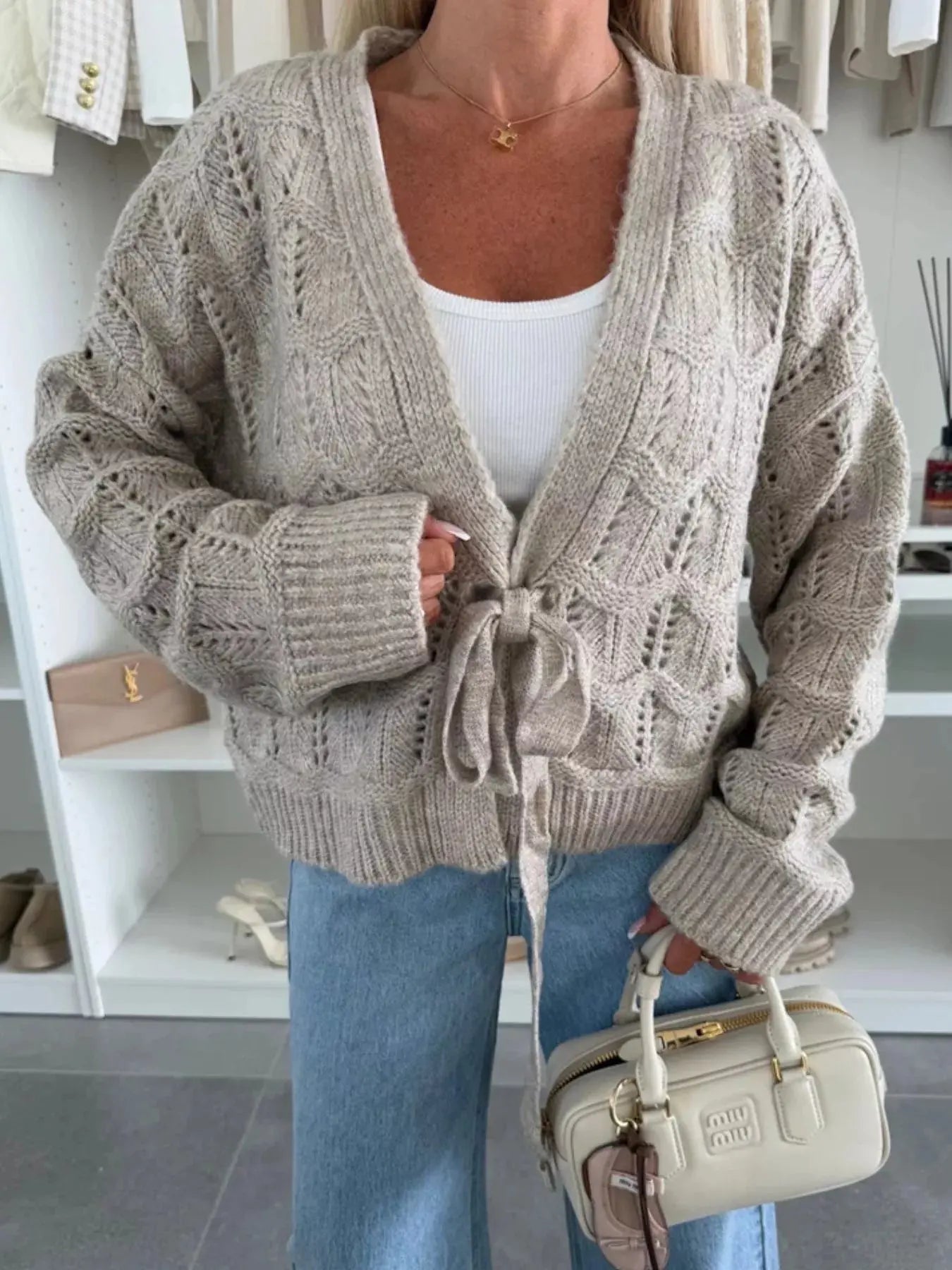 Tie Front Openwork Cardigan 100 Percent Polyester Lightweight Layering Top Trendsi
