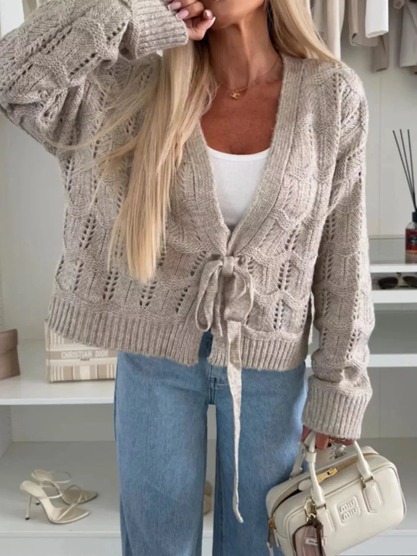 Tie Front Openwork Cardigan 100 Percent Polyester Lightweight Layering Top Trendsi