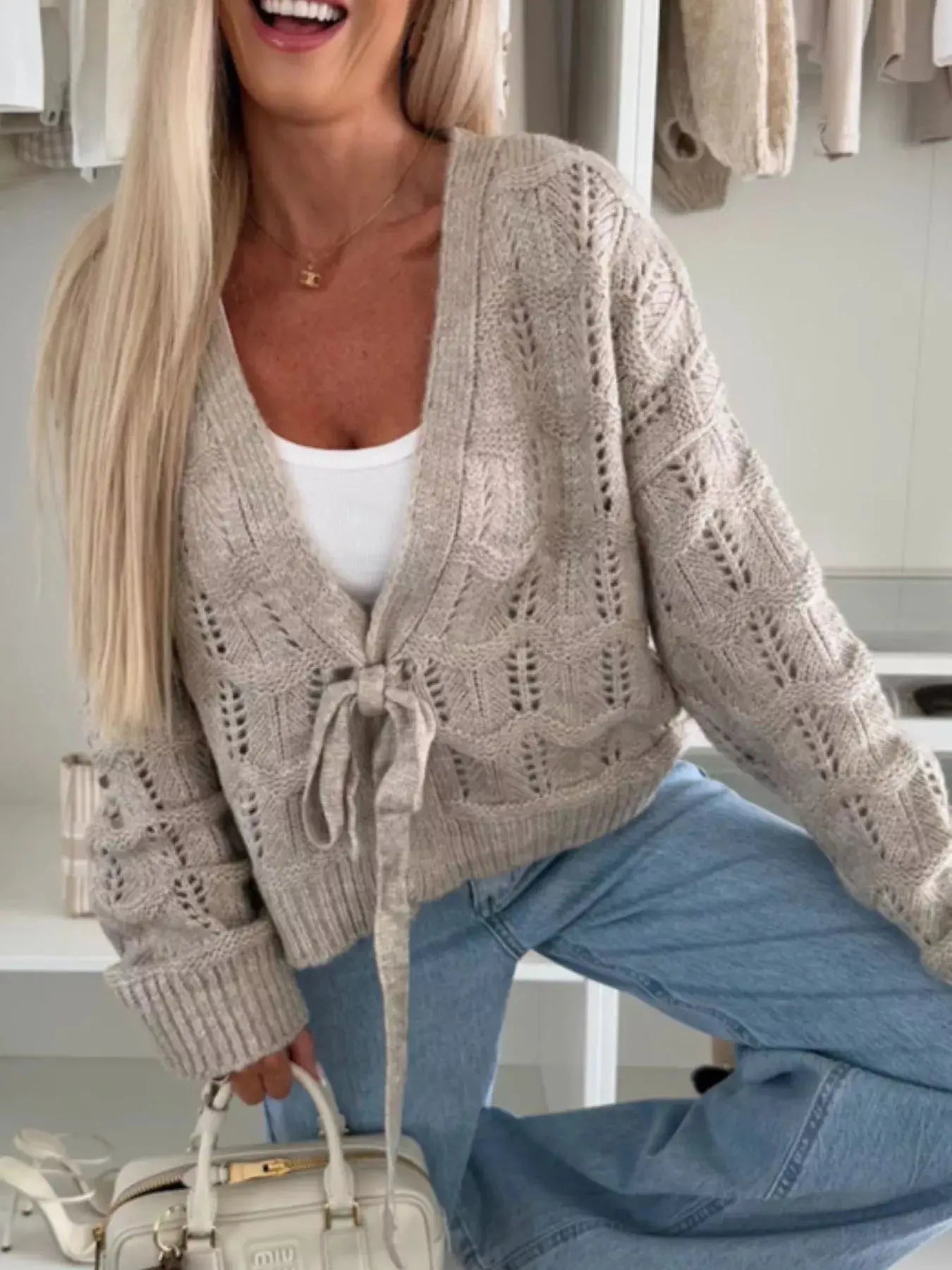 Tie Front Openwork Cardigan 100 Percent Polyester Lightweight Layering Top Trendsi
