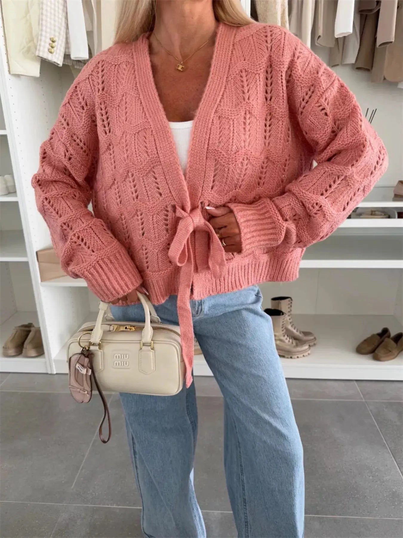 Tie Front Openwork Cardigan 100 Percent Polyester Lightweight Layering Top Trendsi