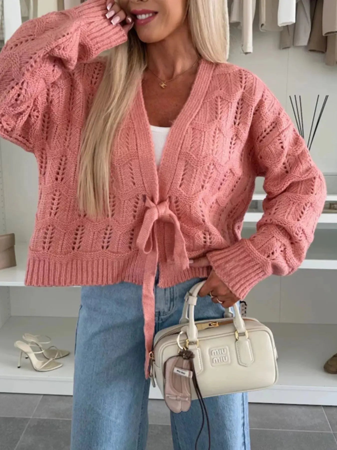 Tie Front Openwork Cardigan 100 Percent Polyester Lightweight Layering Top Trendsi
