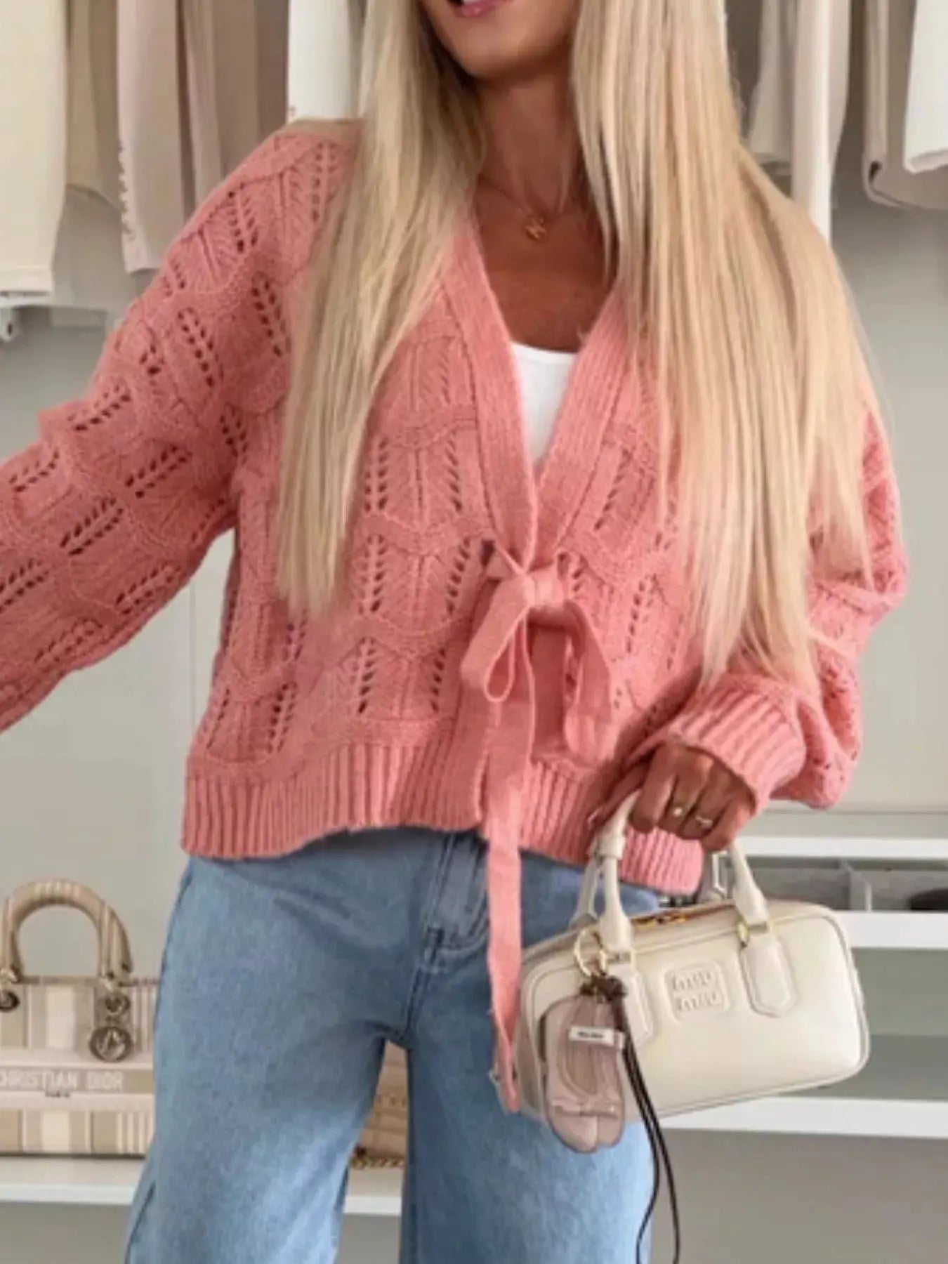 Tie Front Openwork Cardigan 100 Percent Polyester Lightweight Layering Top Trendsi