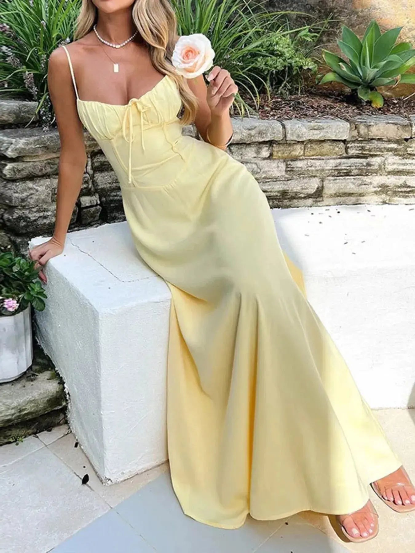 Tie Front Spaghetti Strap Maxi Dress With Polyester And Elastane Trendsi