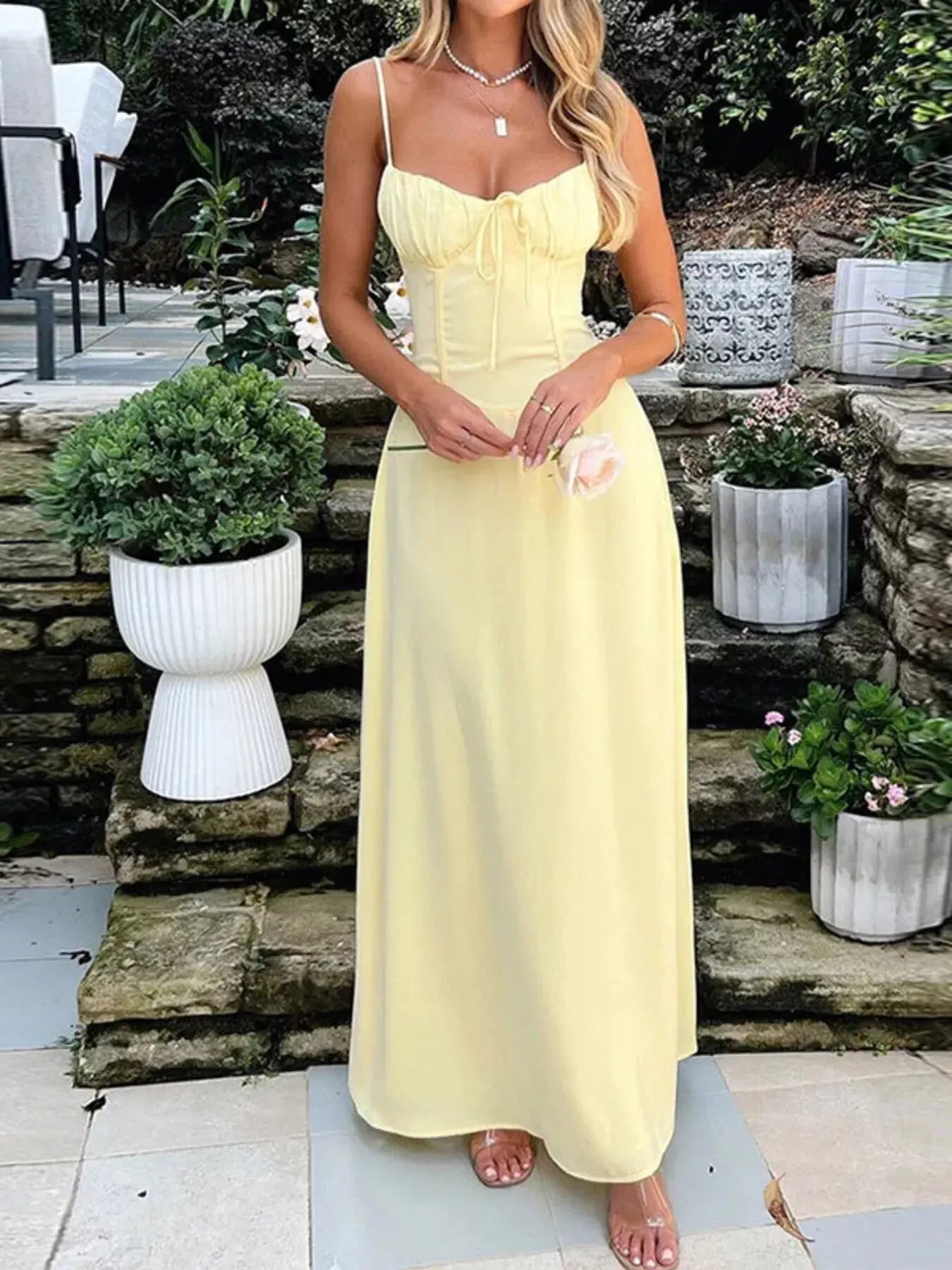 Tie Front Spaghetti Strap Maxi Dress With Polyester And Elastane Trendsi