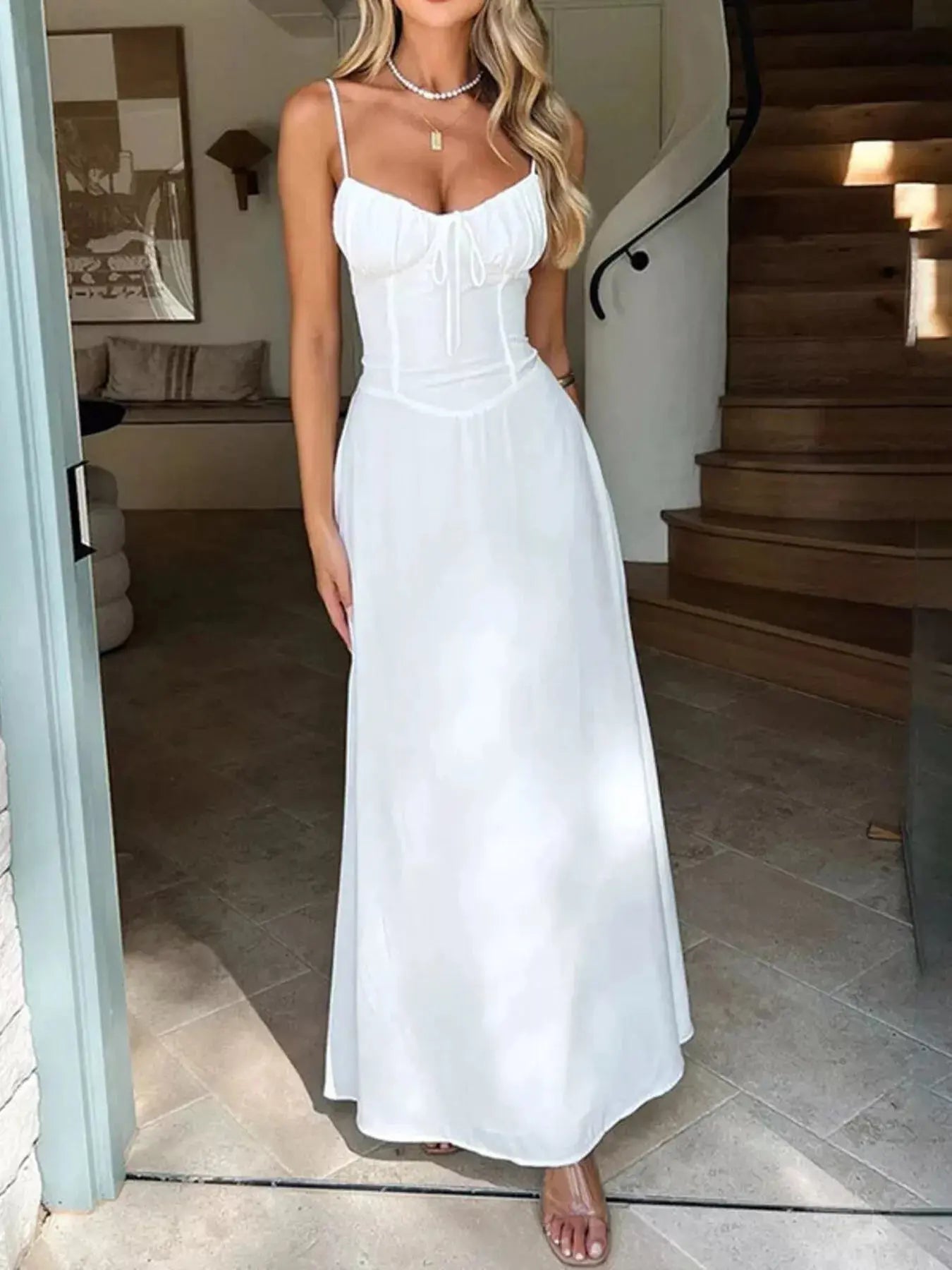 Tie Front Spaghetti Strap Maxi Dress With Polyester And Elastane Trendsi