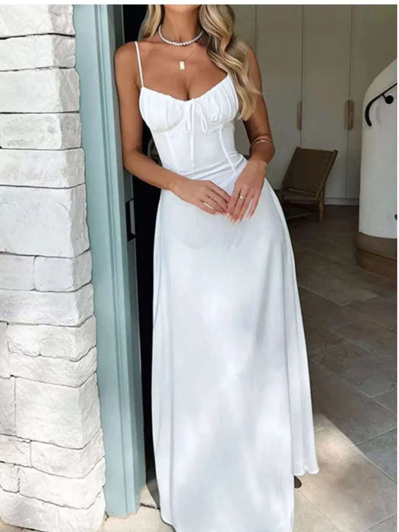 Tie Front Spaghetti Strap Maxi Dress With Polyester And Elastane Trendsi