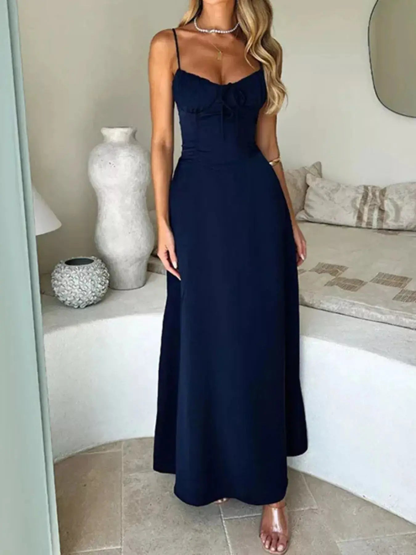 Tie Front Spaghetti Strap Maxi Dress With Polyester And Elastane Trendsi