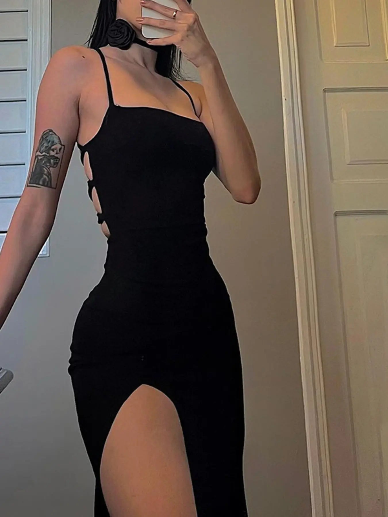 Tied Backless Crisscross High Slit Bodycon Dress 100 Polyester Trendsi