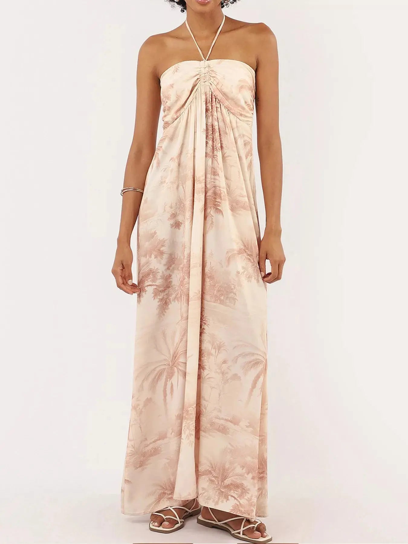 Tropical Print Halter Neck Maxi Dress, 100% Polyester Trendsi