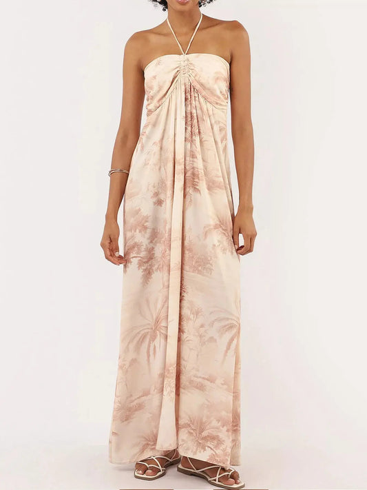 Tropical Print Halter Neck Maxi Dress, 100% Polyester Trendsi