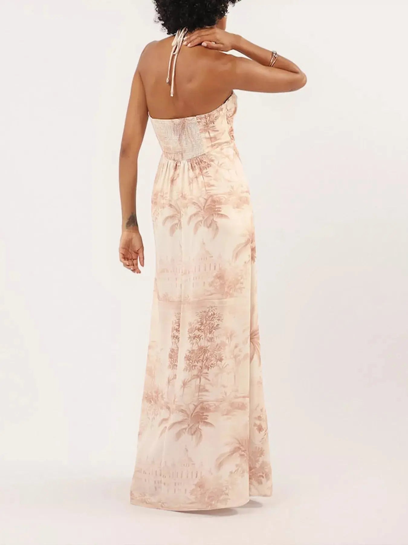 Tropical Print Halter Neck Maxi Dress, 100% Polyester Trendsi