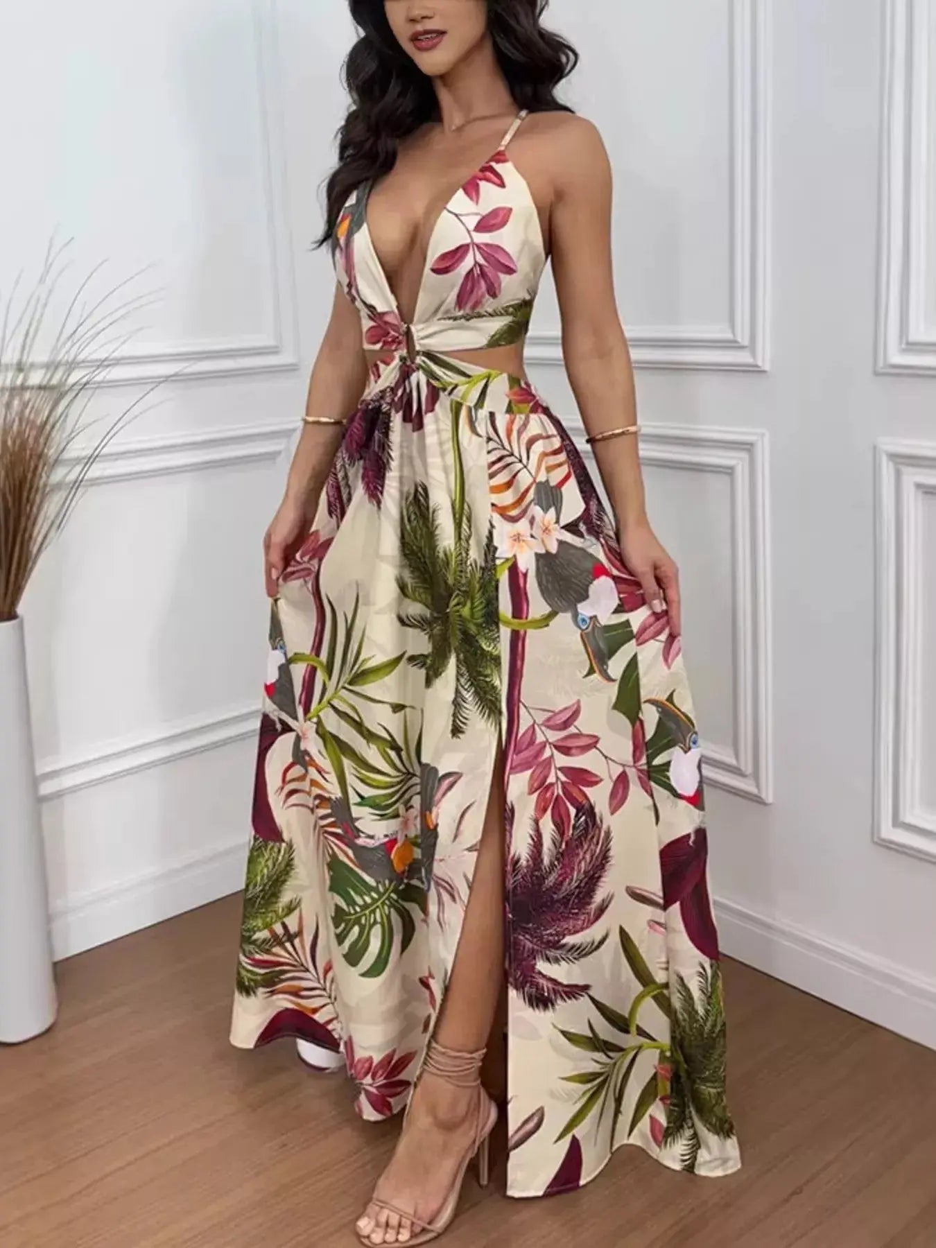 Tropical Print Plunge Cutout Maxi Dress with Slit Trendsi