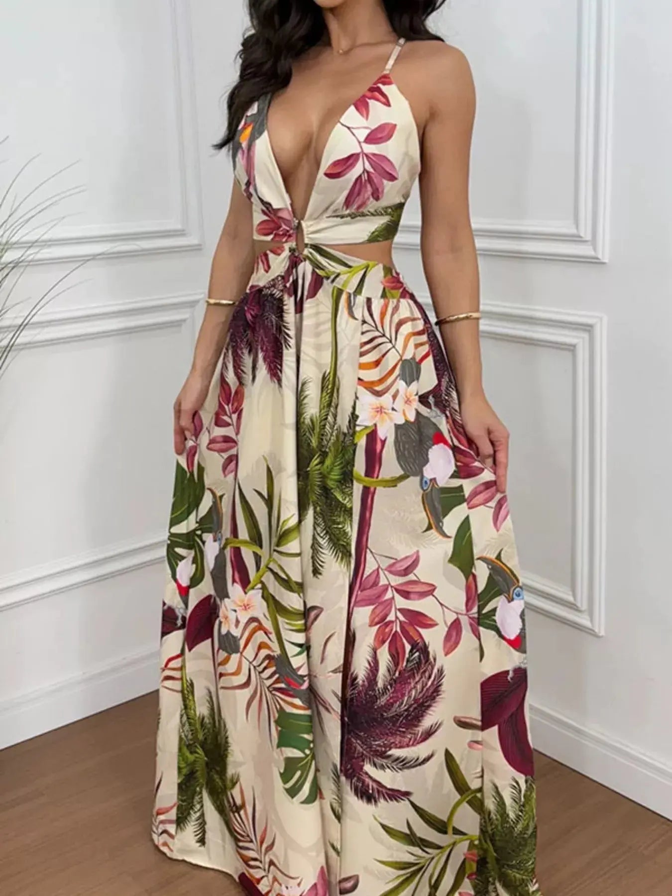 Tropical Print Plunge Cutout Maxi Dress with Slit Trendsi
